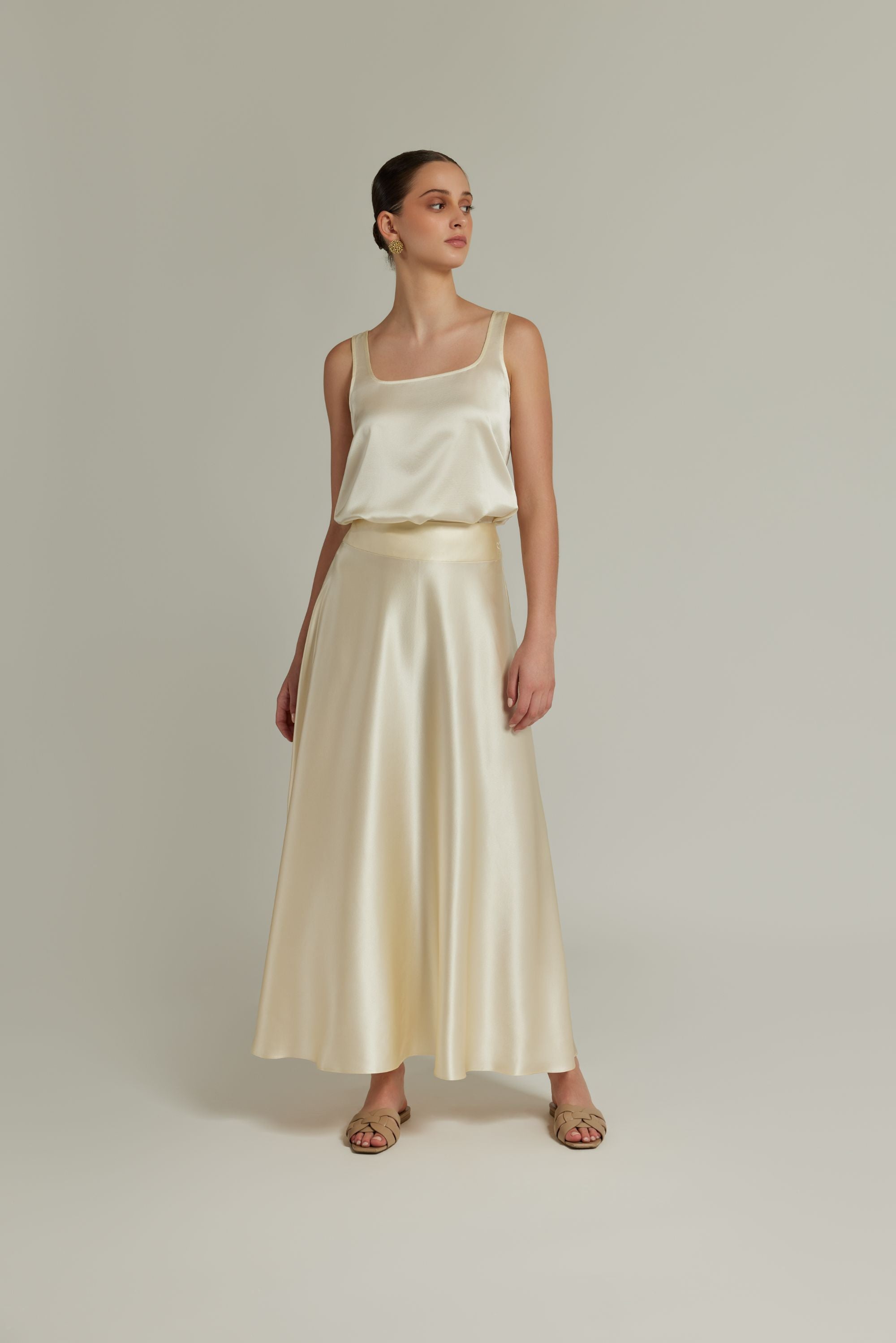 Cream Silk Long Skirt