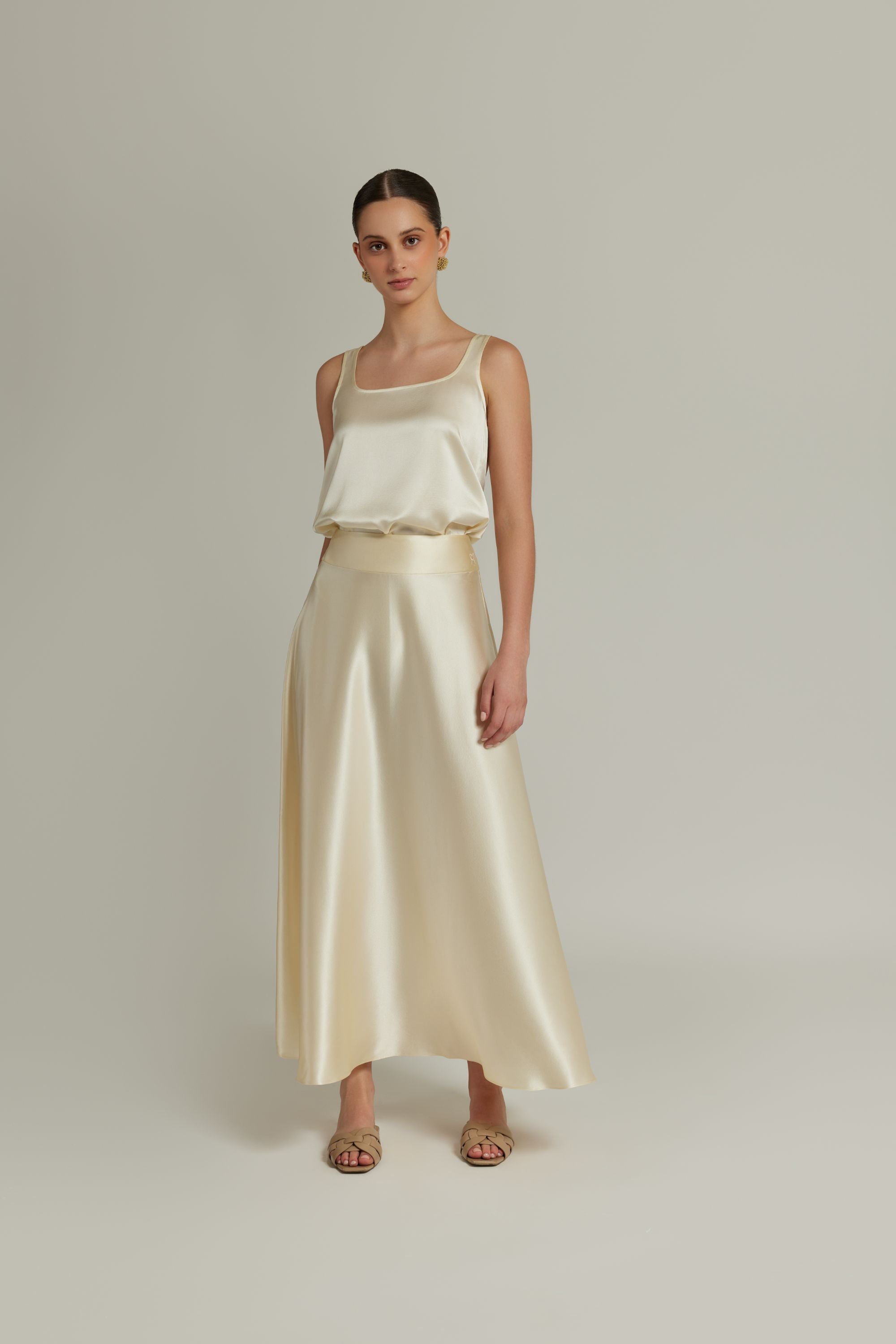 Cream Silk Long Skirt