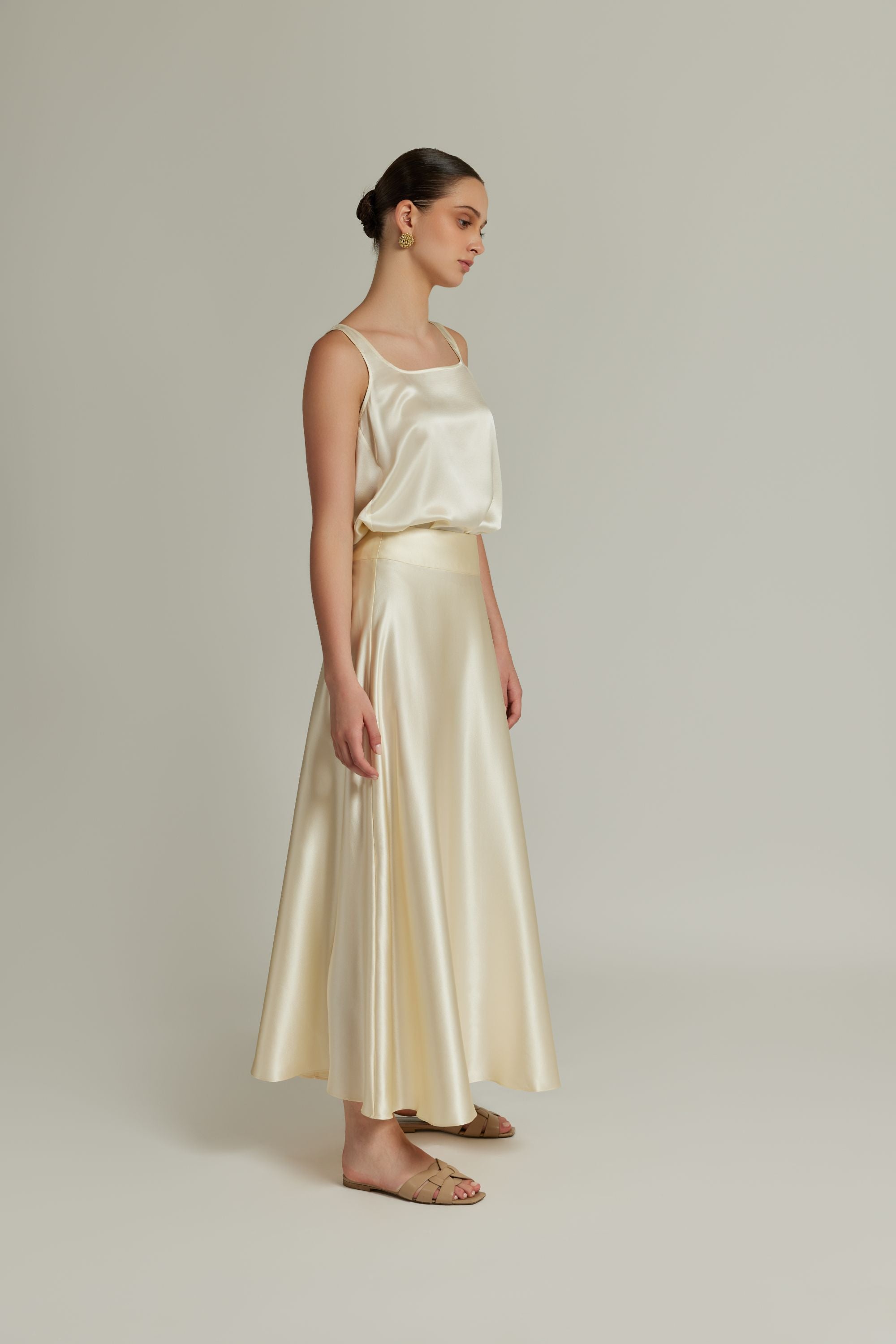 Cream Silk Long Skirt