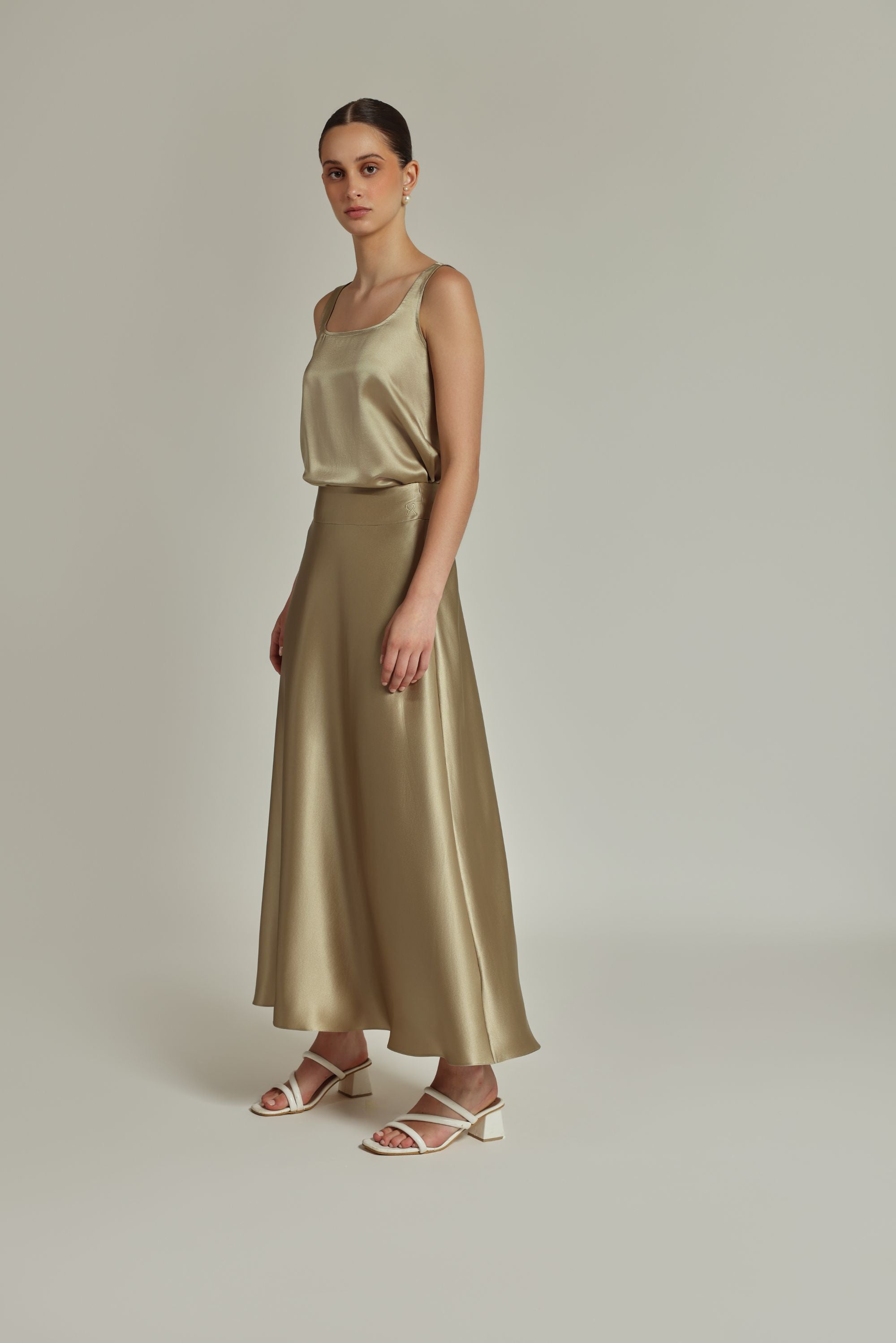 Olive Silk Long Skirt