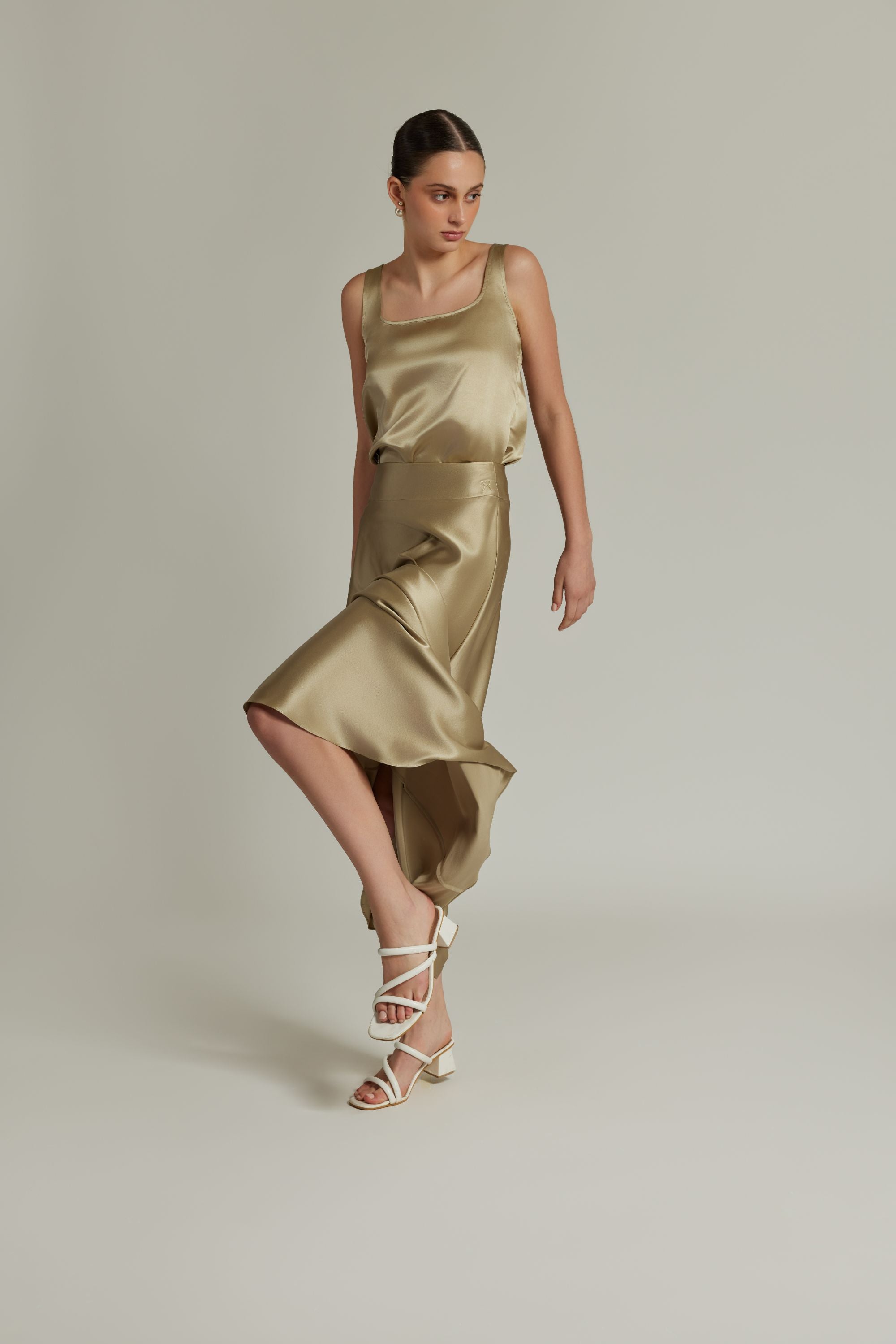 Olive Silk Long Skirt