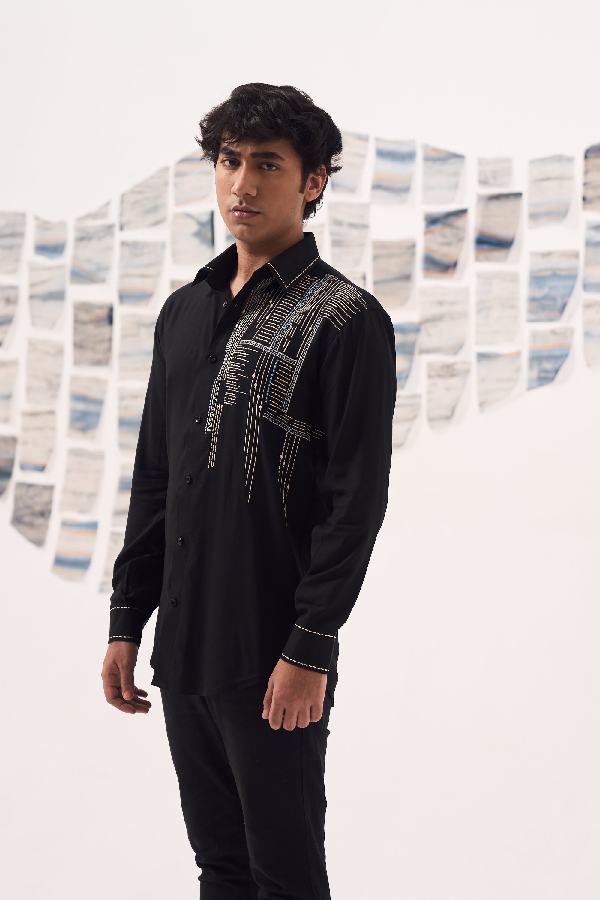 Black Rayon Blue Line Embroidered Shirt