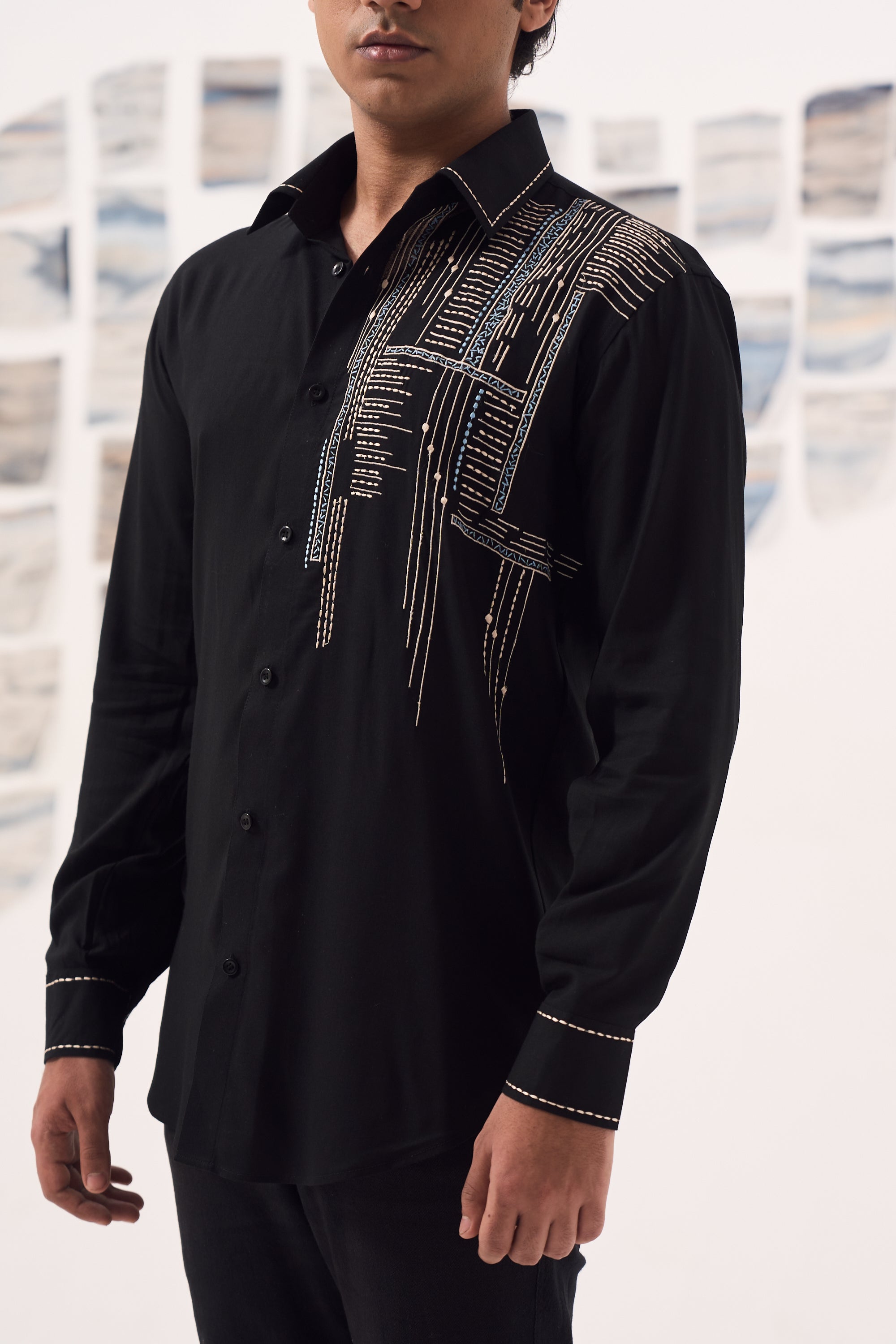 Black Rayon Blue Line Embroidered Shirt