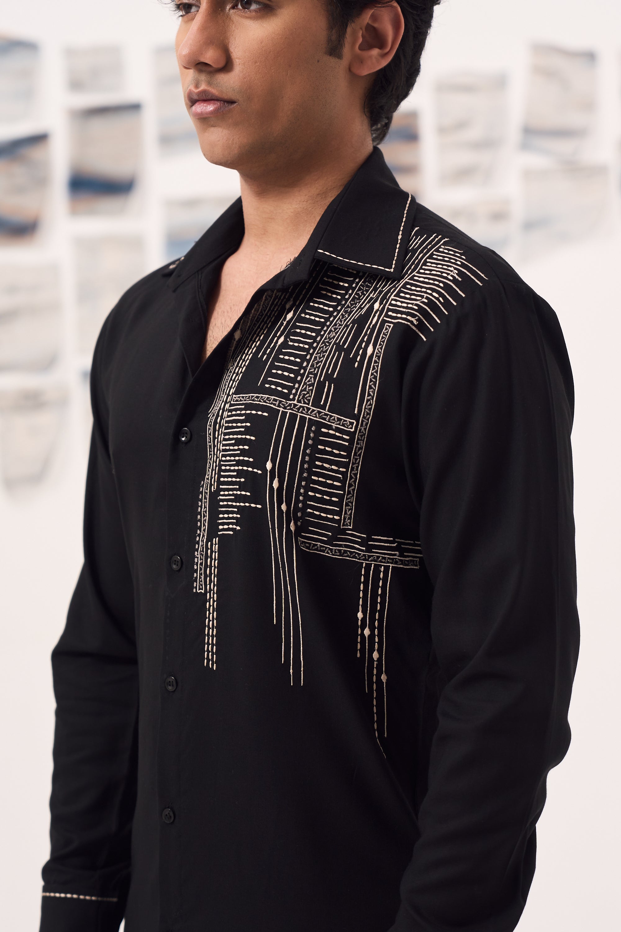 Black Rayon Beige Line Embroidered Shirt