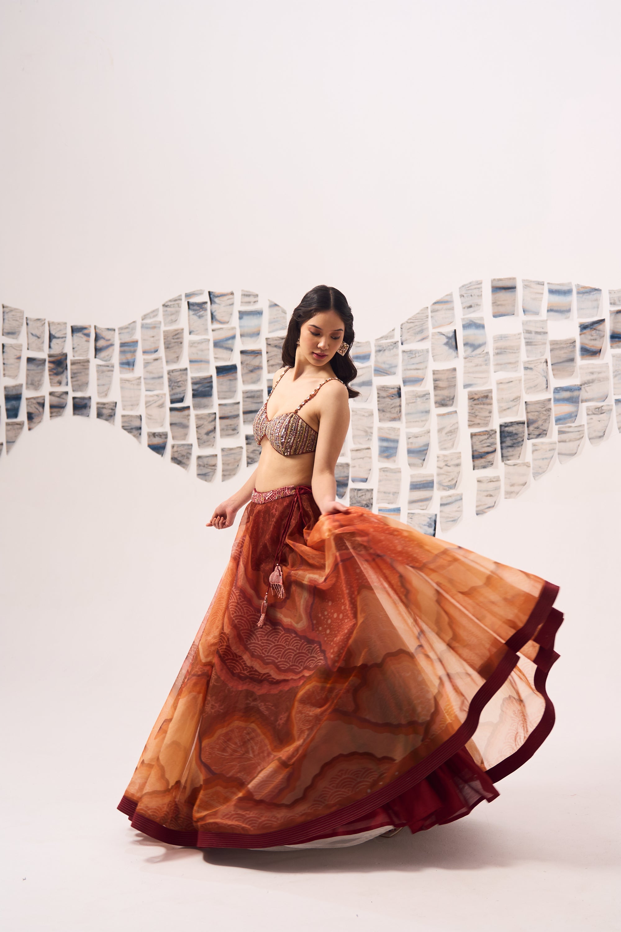 Rust Wave Lehnga with Hand Embroidered Blouse