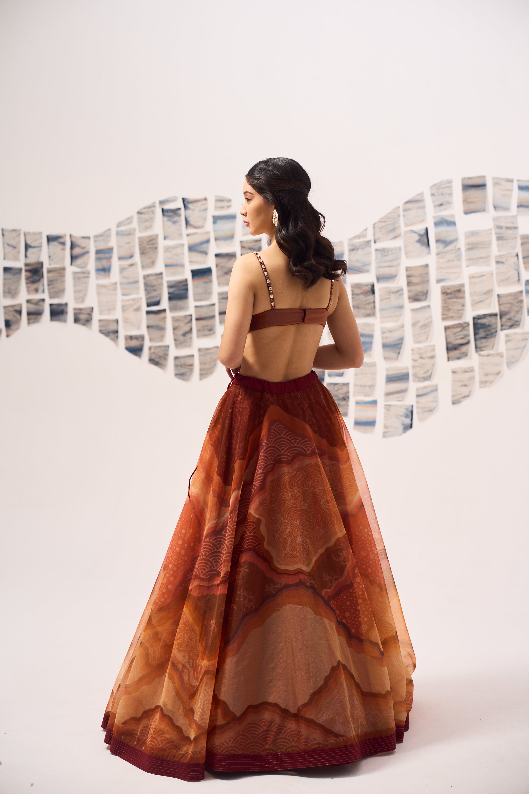 Rust Wave Lehnga with Hand Embroidered Blouse
