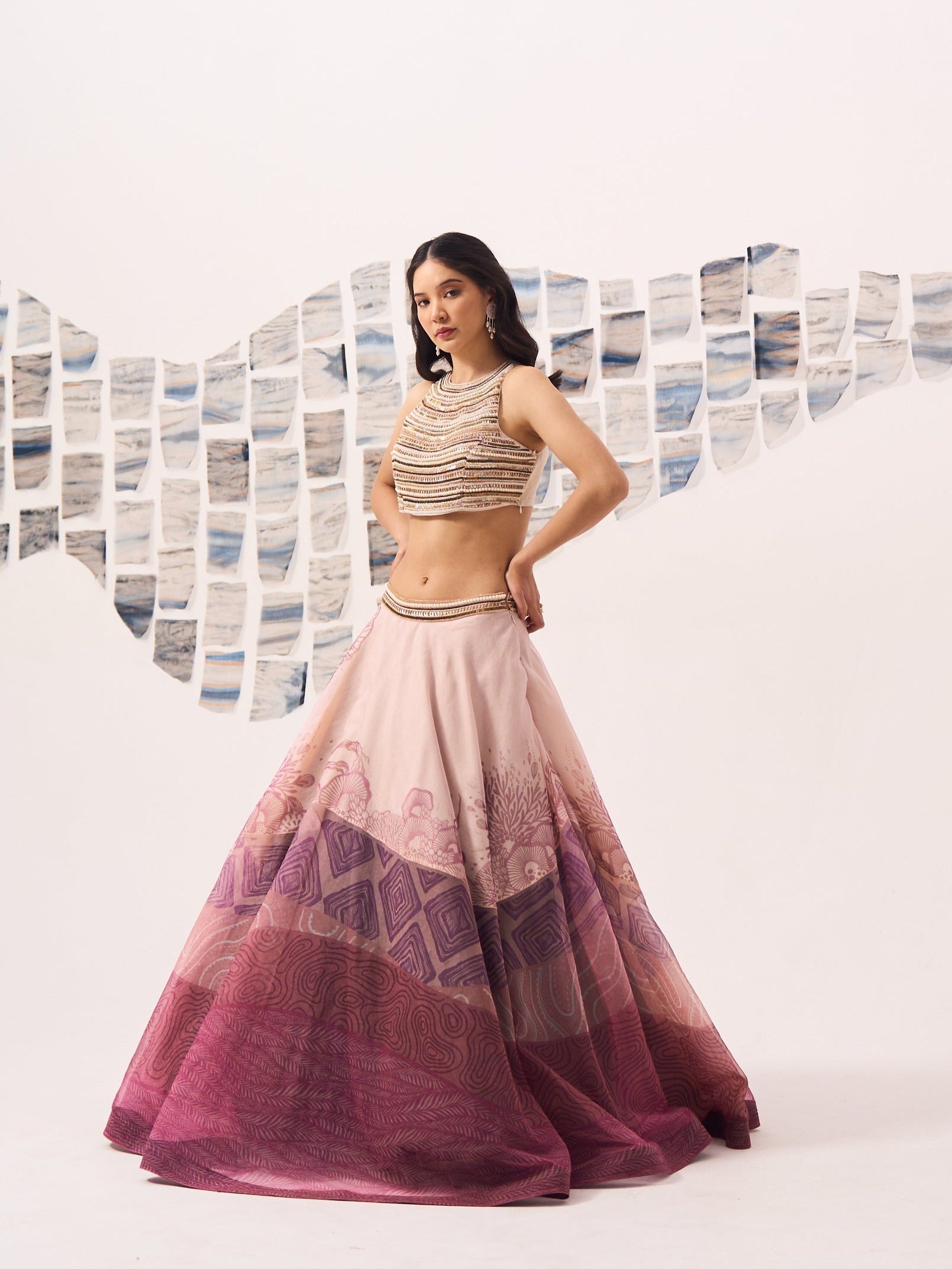 Ivory Placement Lehenga with Pearl Hand Embroidered Blouse