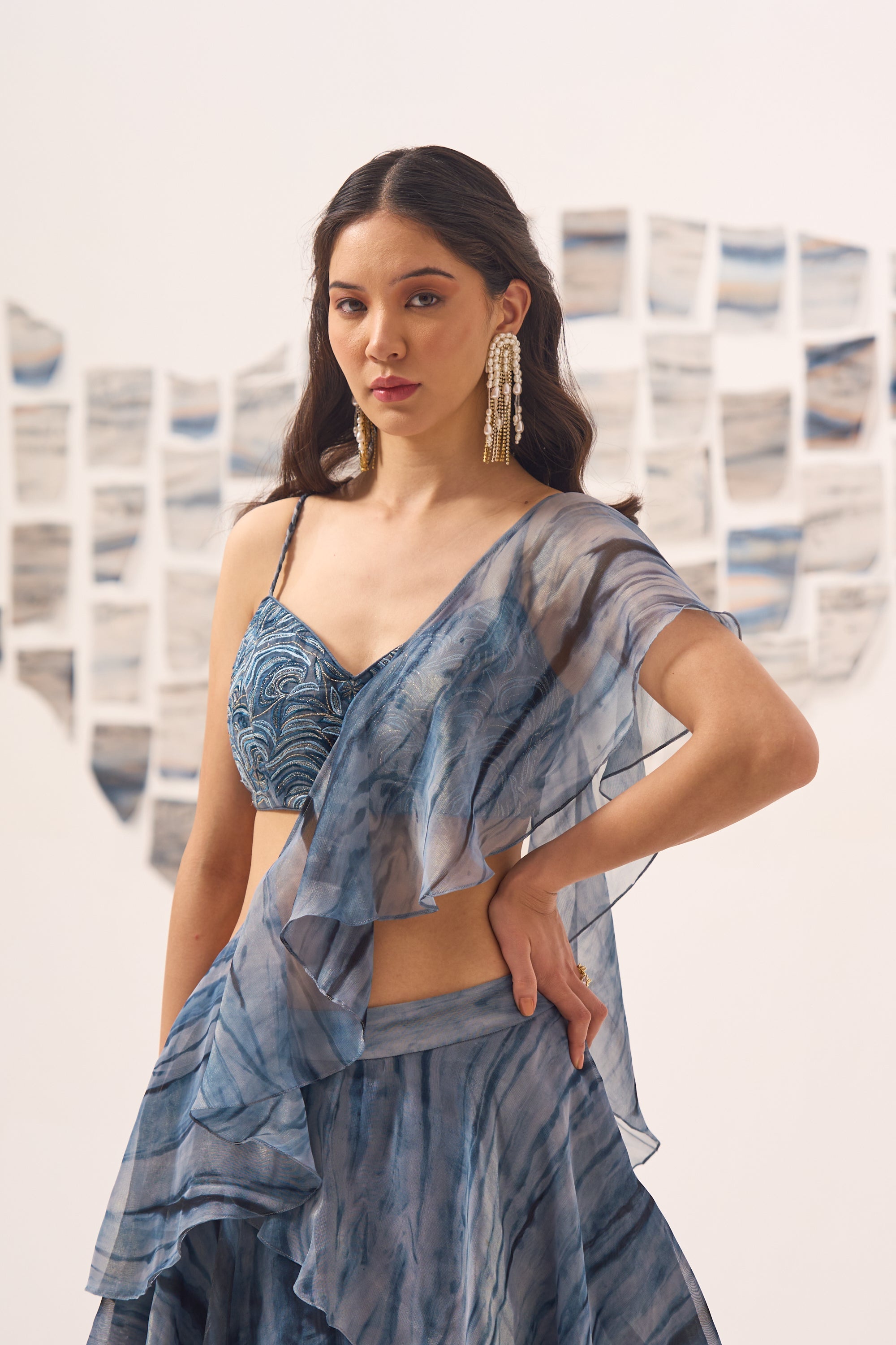 Blue Textured Ruffle Saree Lehenga