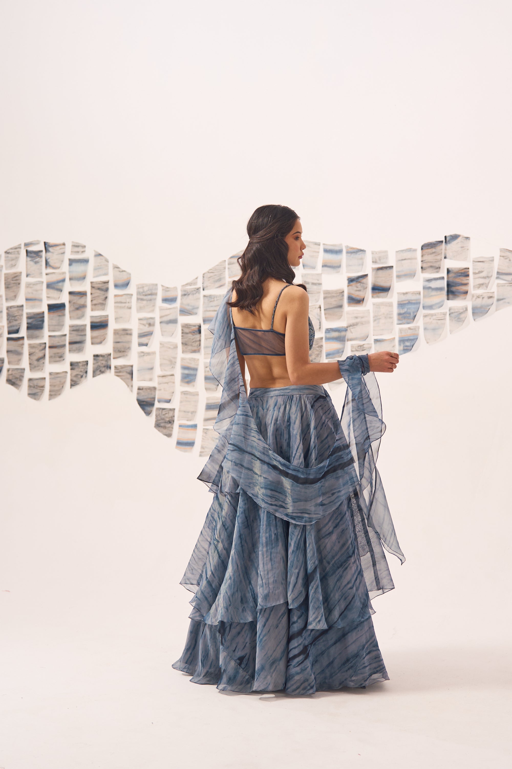 Blue Textured Ruffle Saree Lehenga