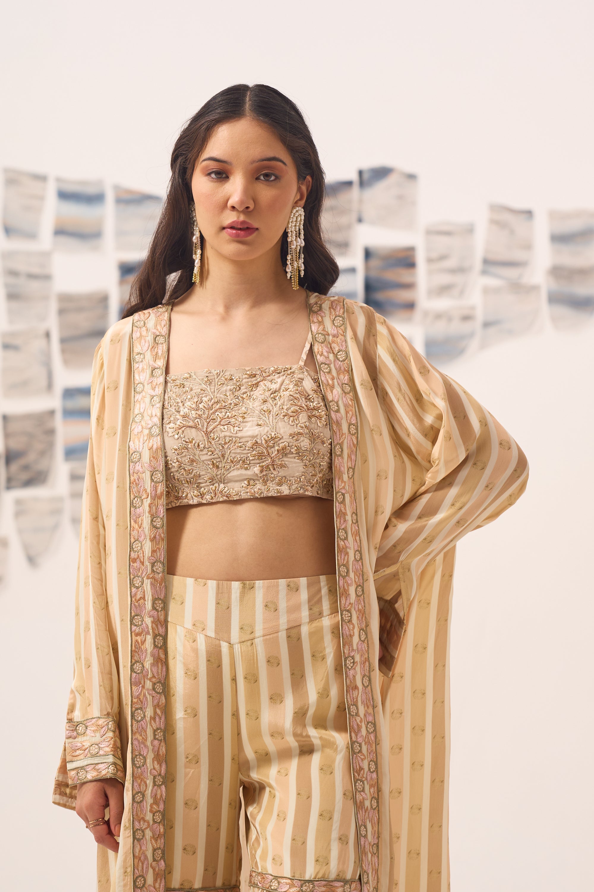 Beige Printed Sharara Set with Hand Embroidered Blouse and Cape