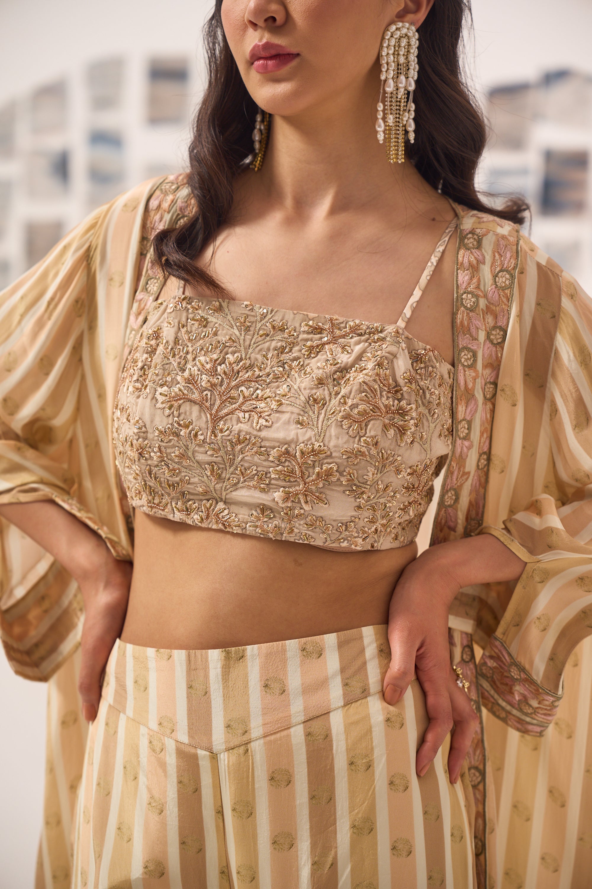 Beige Printed Sharara Set with Hand Embroidered Blouse and Cape