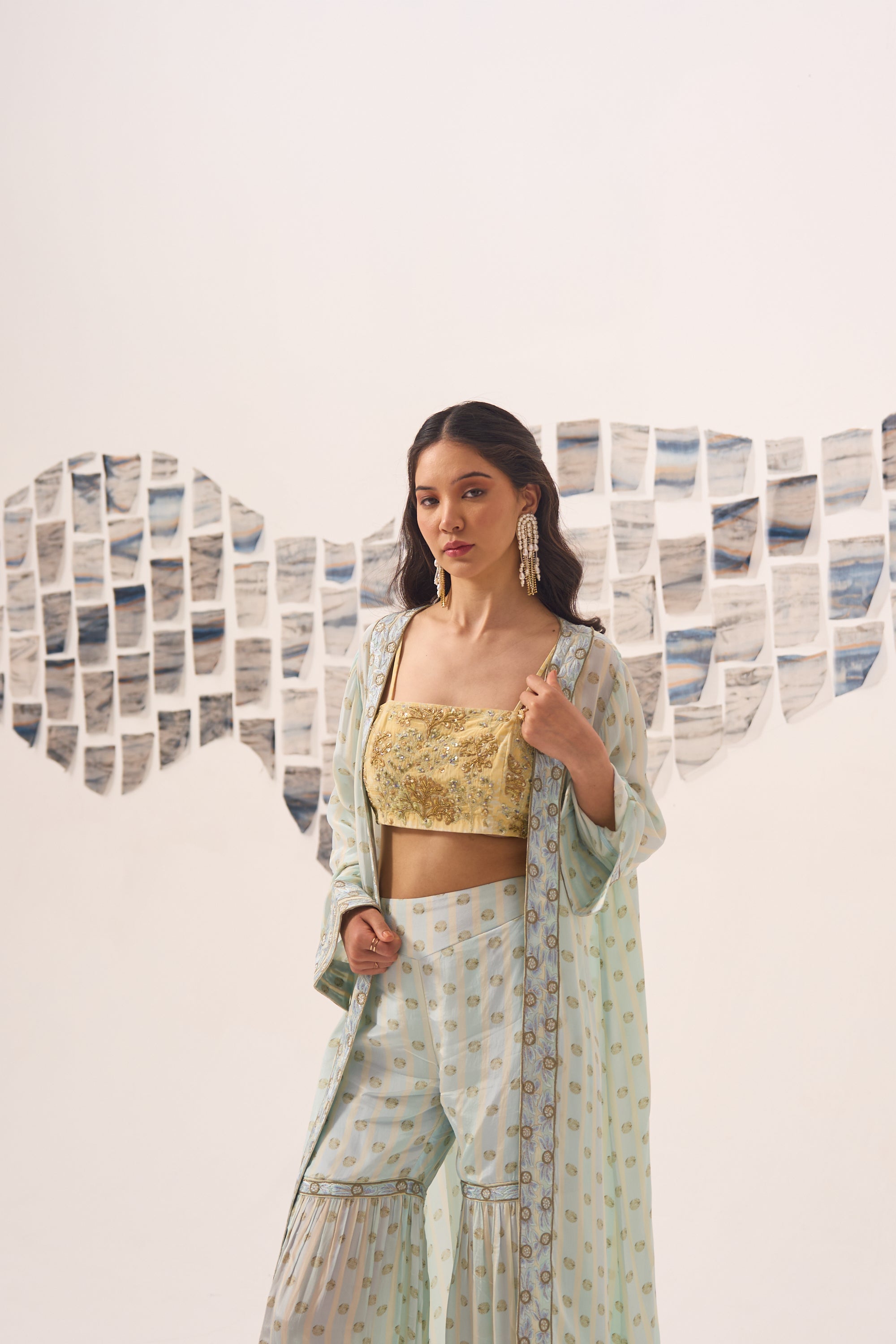 Blue Printed Sharara Set with Hand Embroidered Blouse and Cape