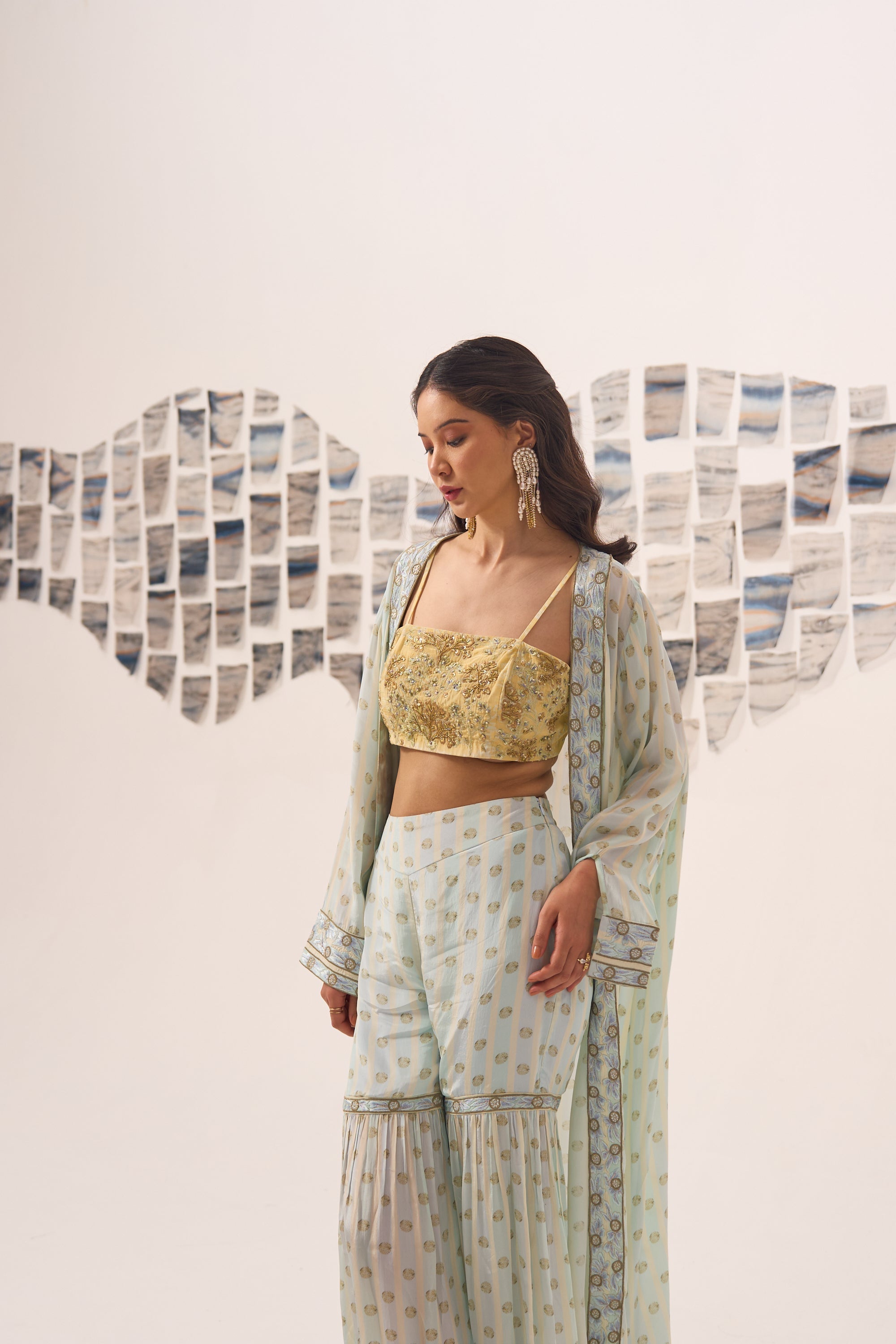 Blue Printed Sharara Set with Hand Embroidered Blouse and Cape