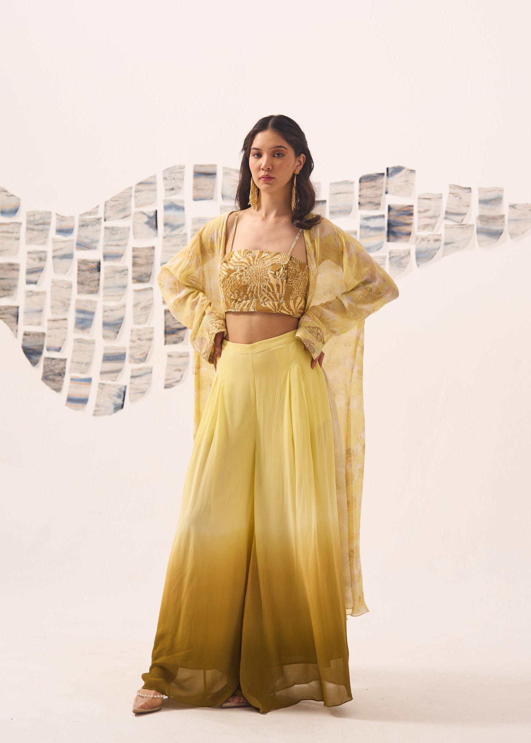 Yellow Ombre Georgette Sharara Set with Hand Embroidered Blouse and Printed Cape