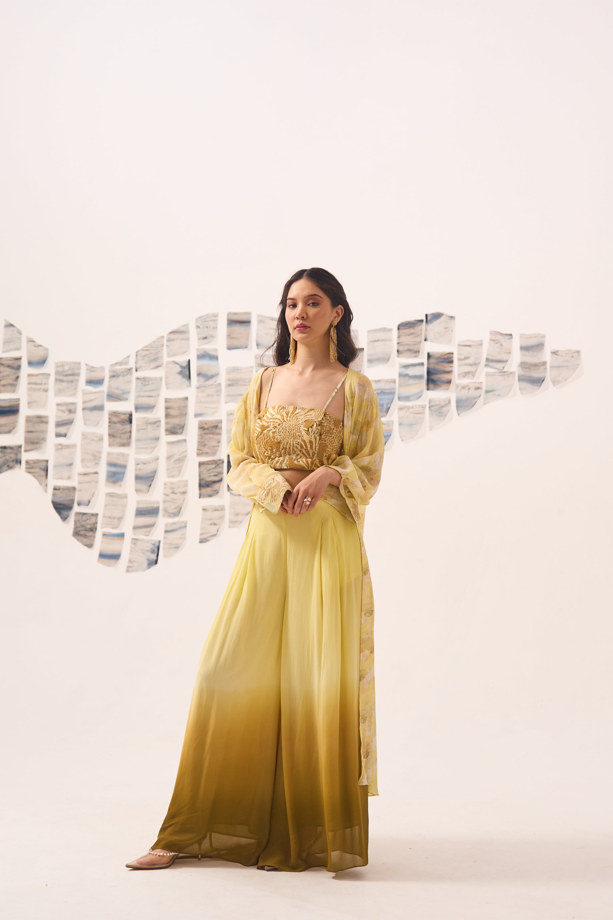 Yellow Ombre Georgette Sharara Set with Hand Embroidered Blouse and Printed Cape