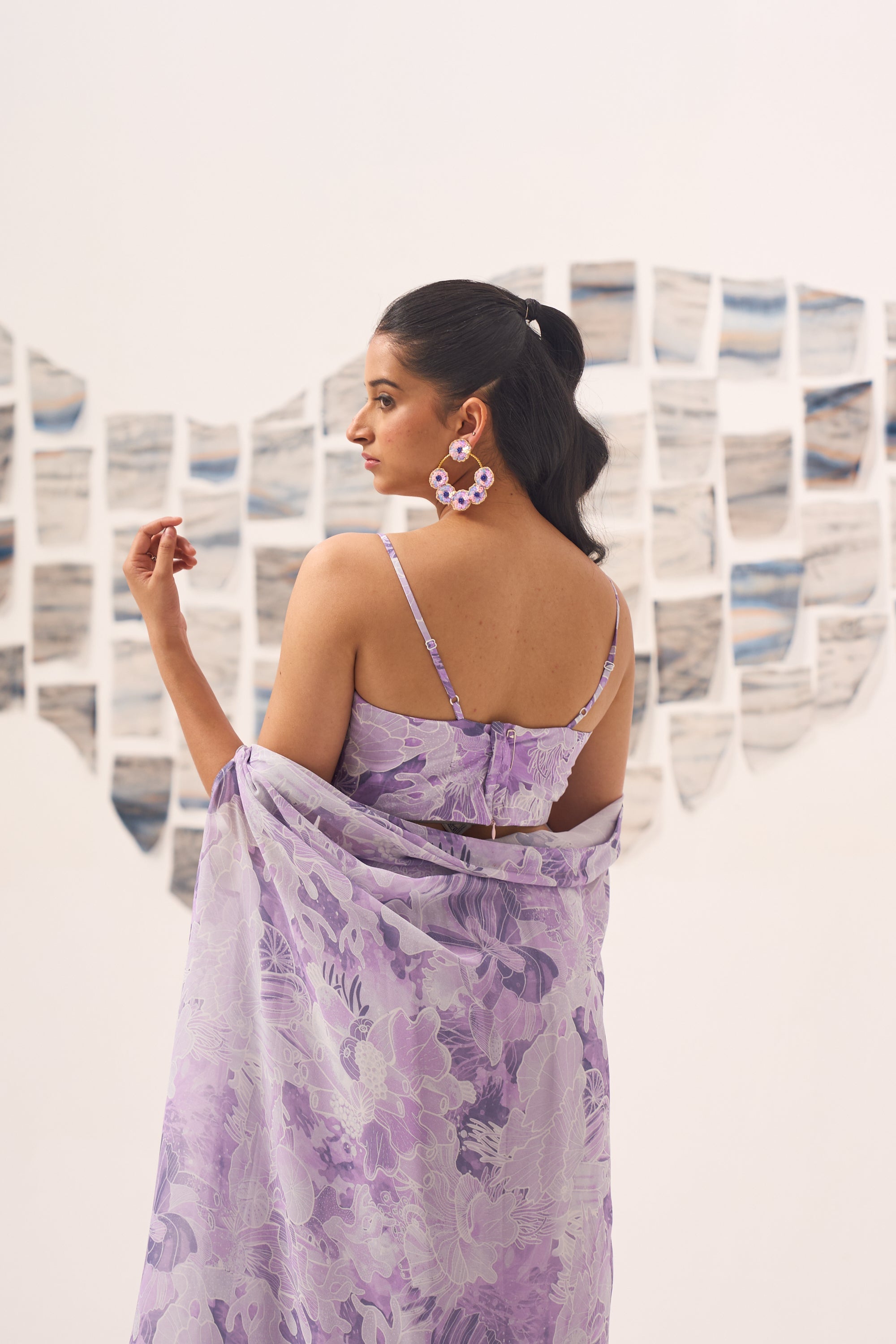 Lilac Ombre Georgette Sharara Set with Hand Embroidered Blouse and Printed Cape