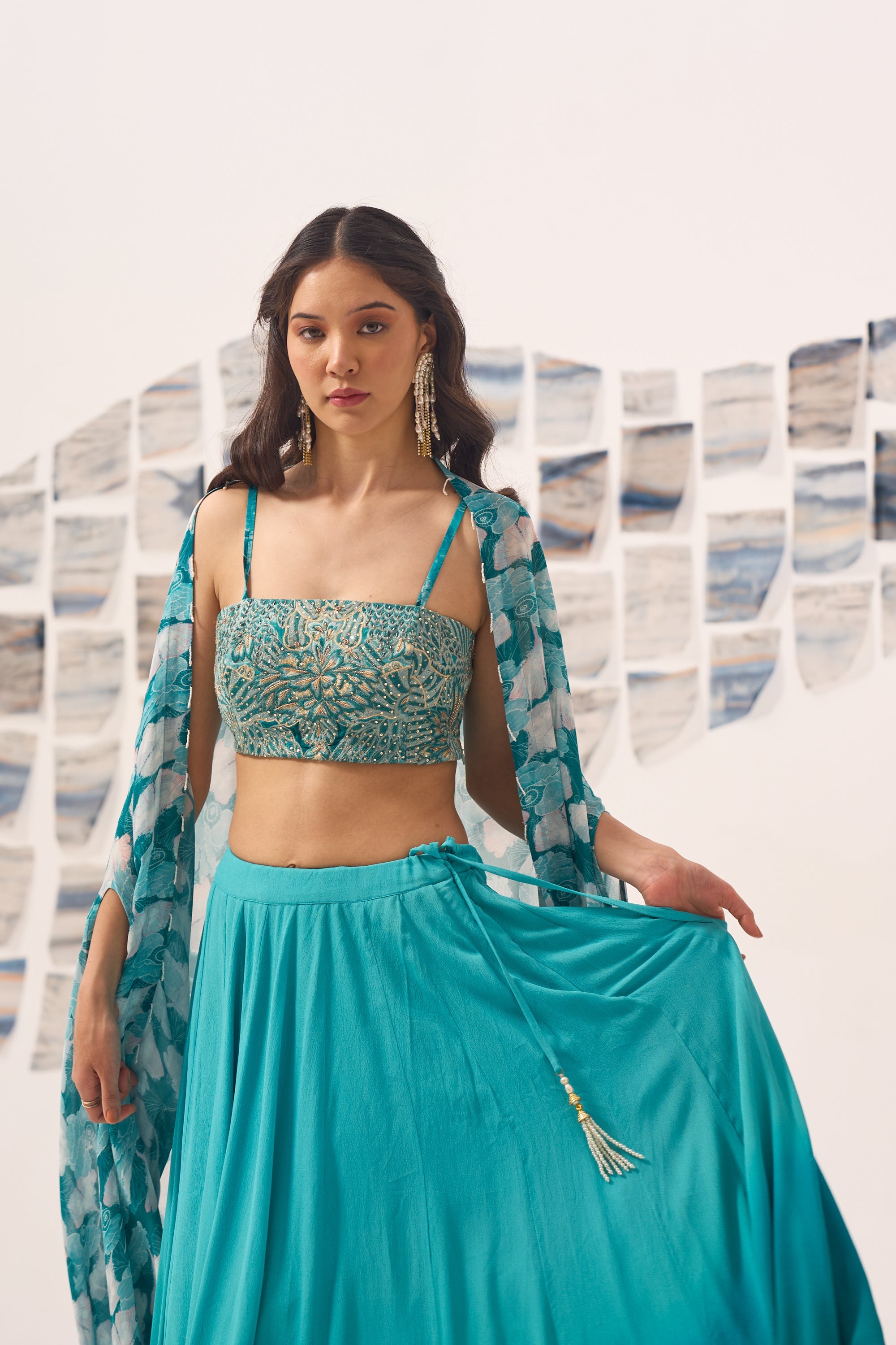 Blue Georgette Lehenga Set with Hand Embroidered Blouse and Printed Cape