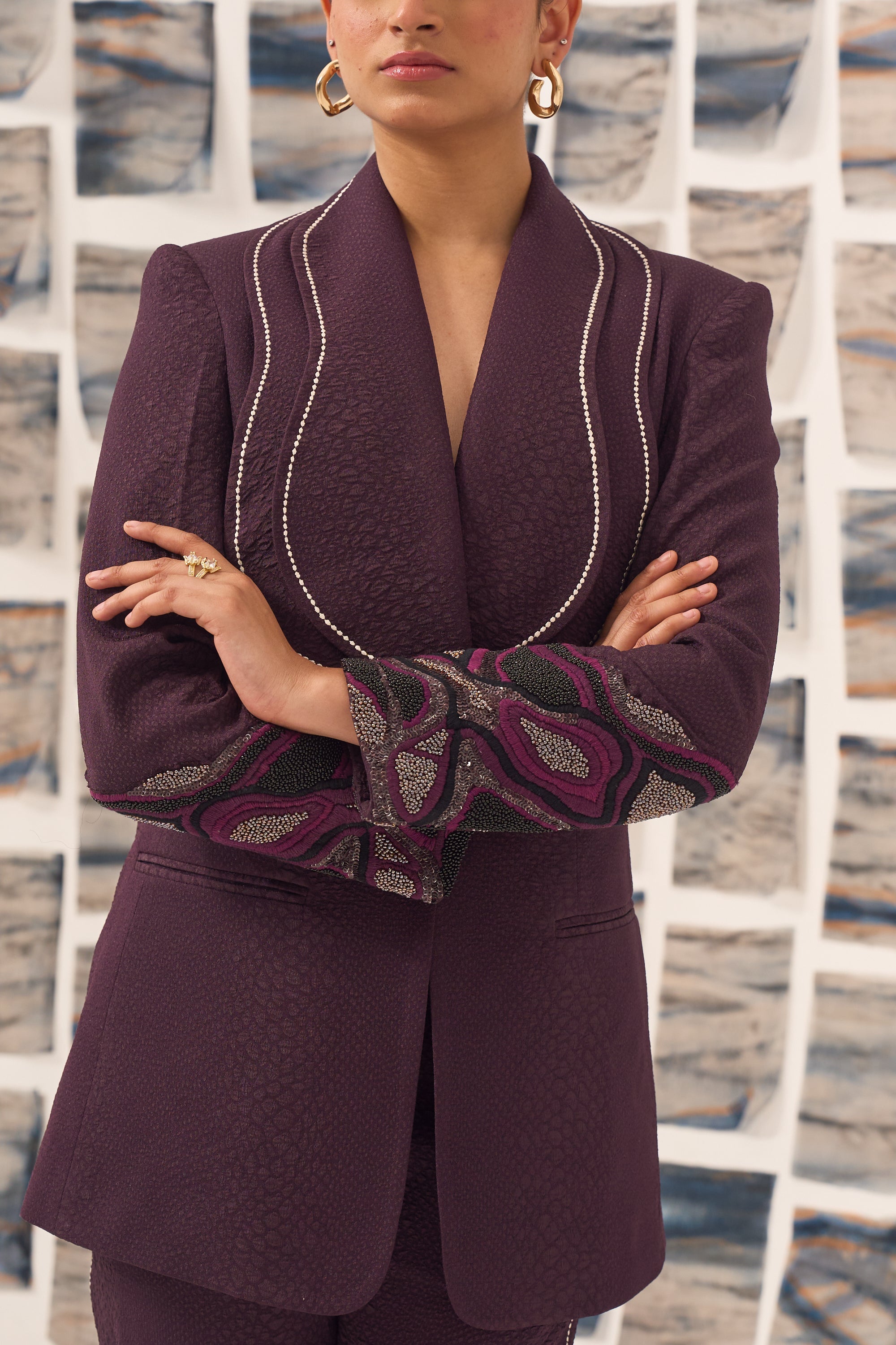 Wine Embroidered Blazer Set