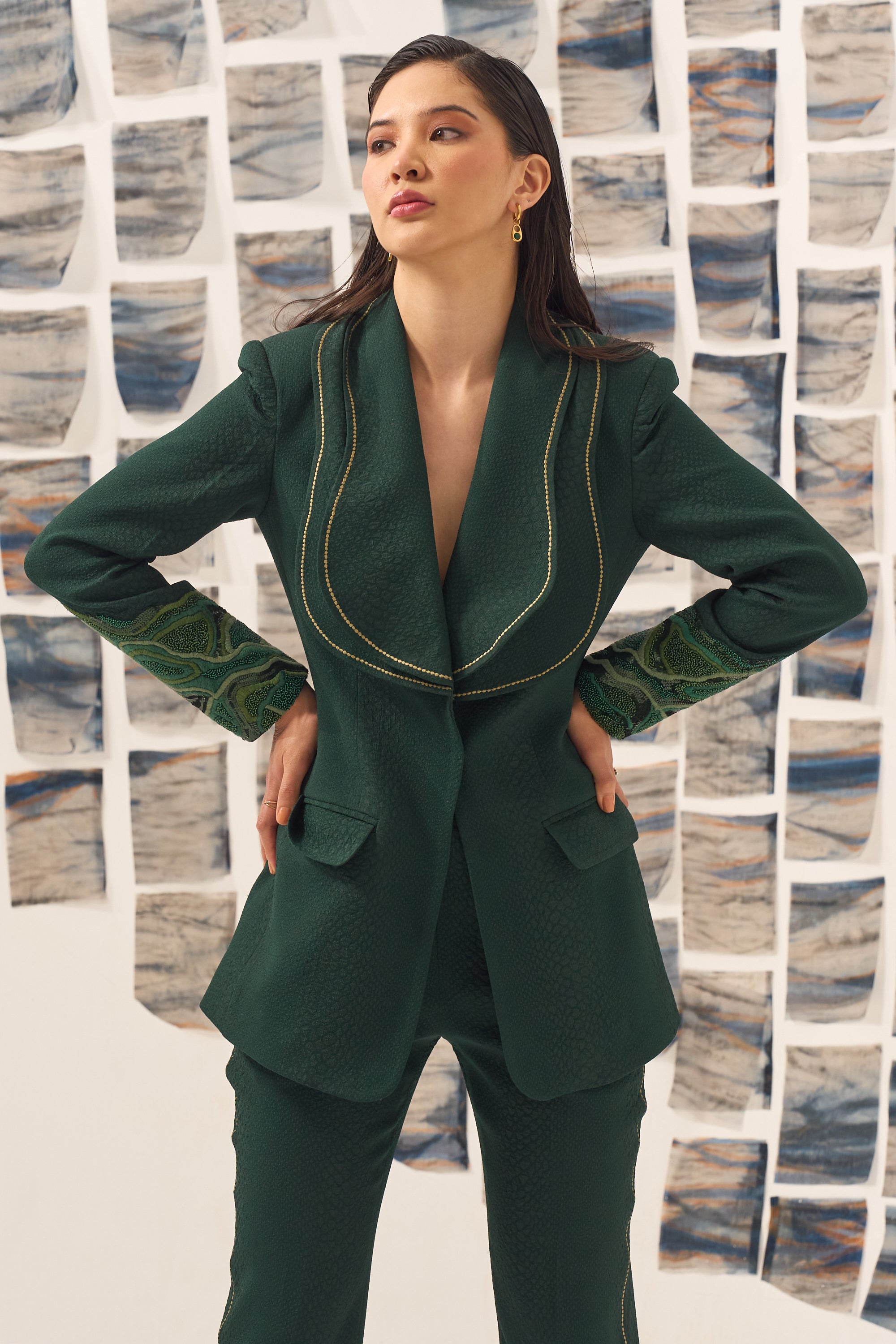 Green Embroidered Blazer Set