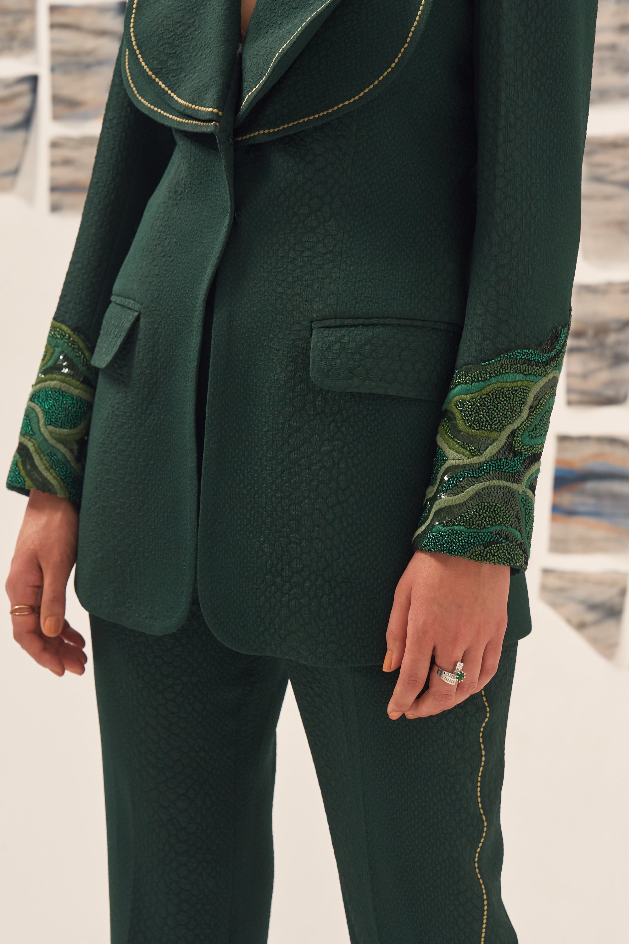 Green Embroidered Blazer Set
