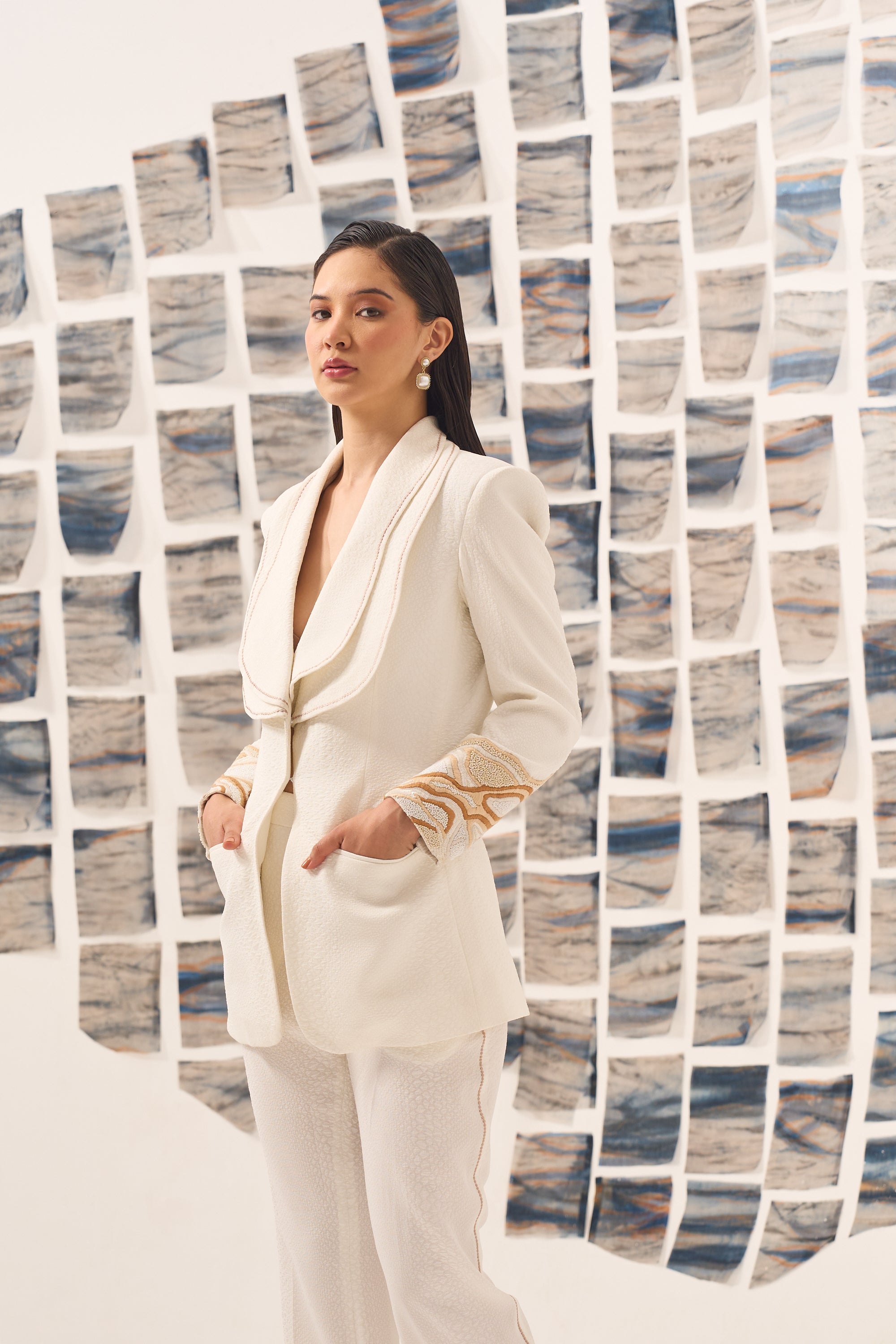 White Embroidered Blazer Set