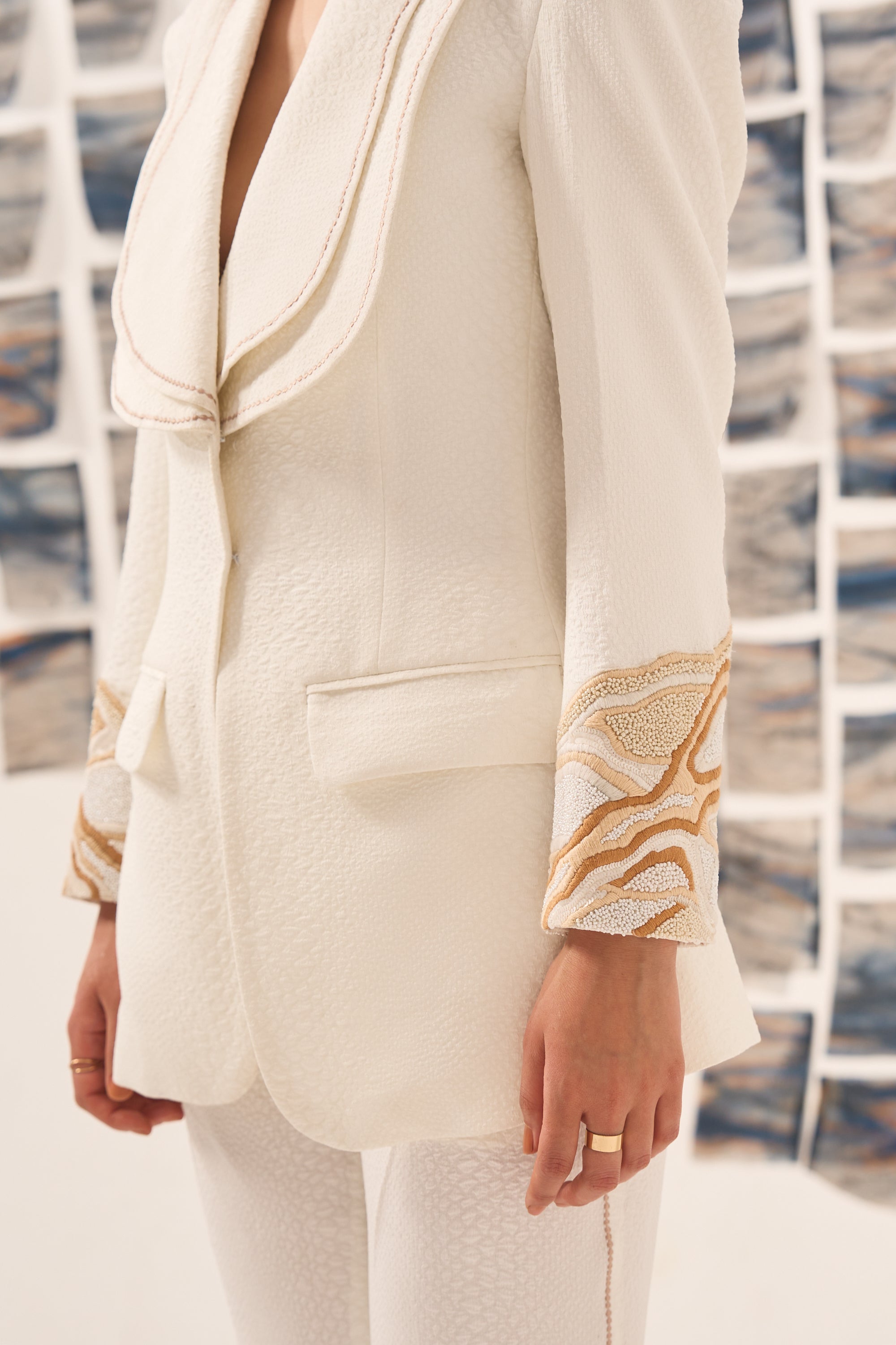 White Embroidered Blazer Set