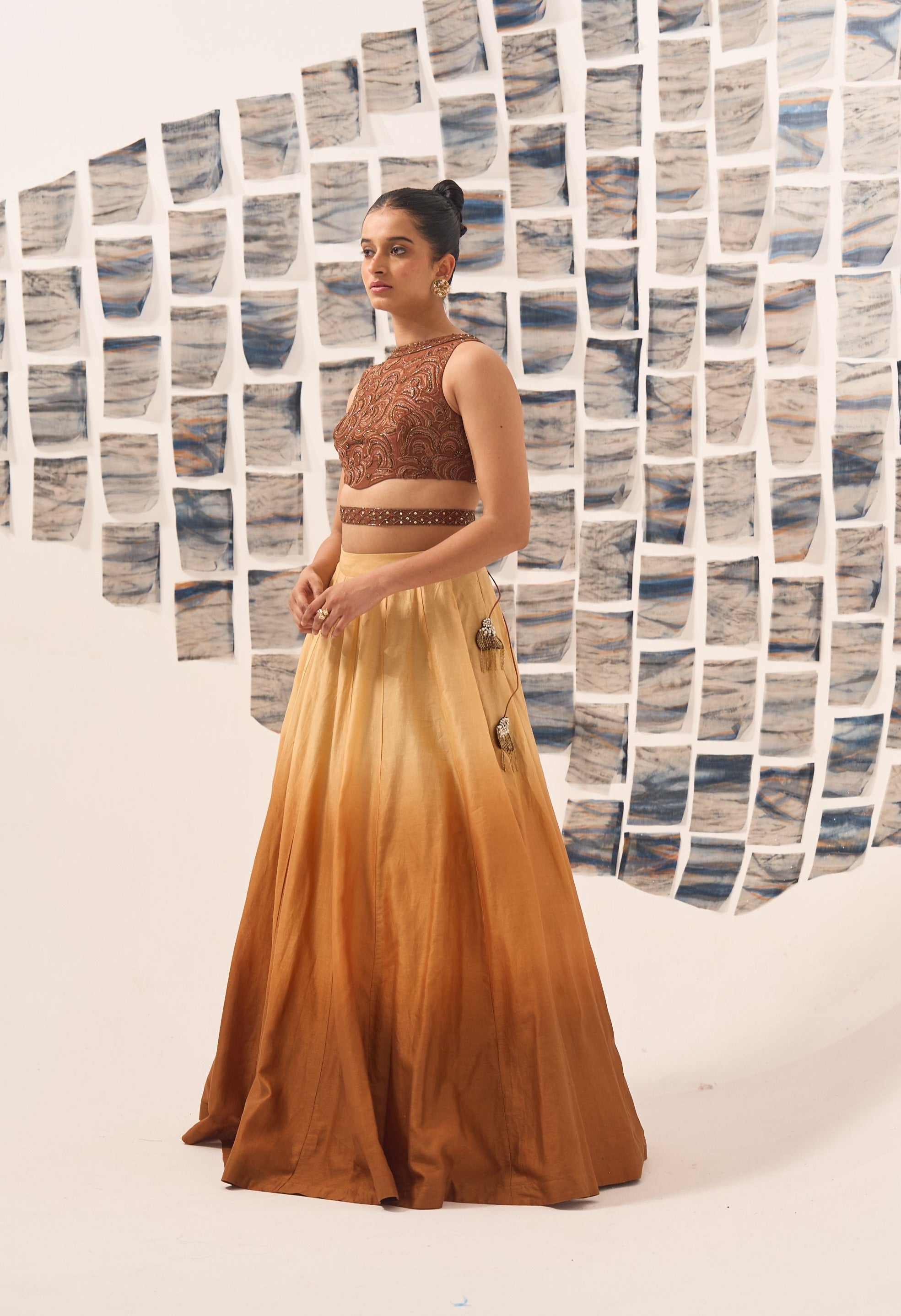 Brown Lehenga with Hand Embroidered Blouse & Belt