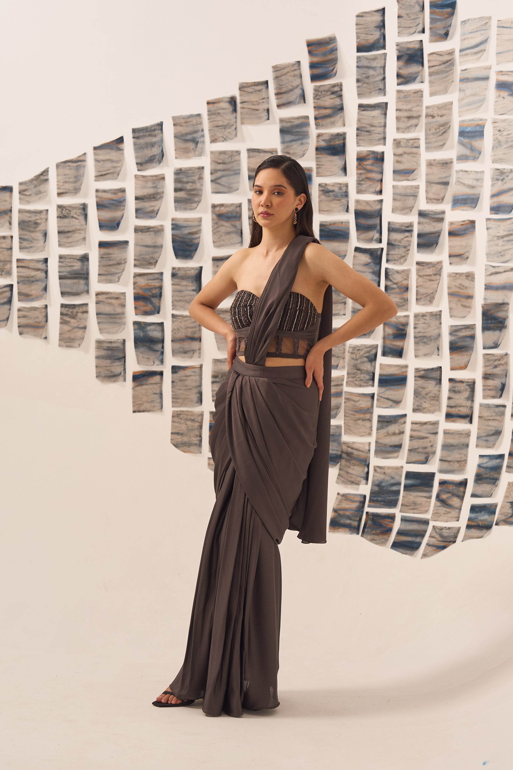 Brown Embellished Pre Draped Saree