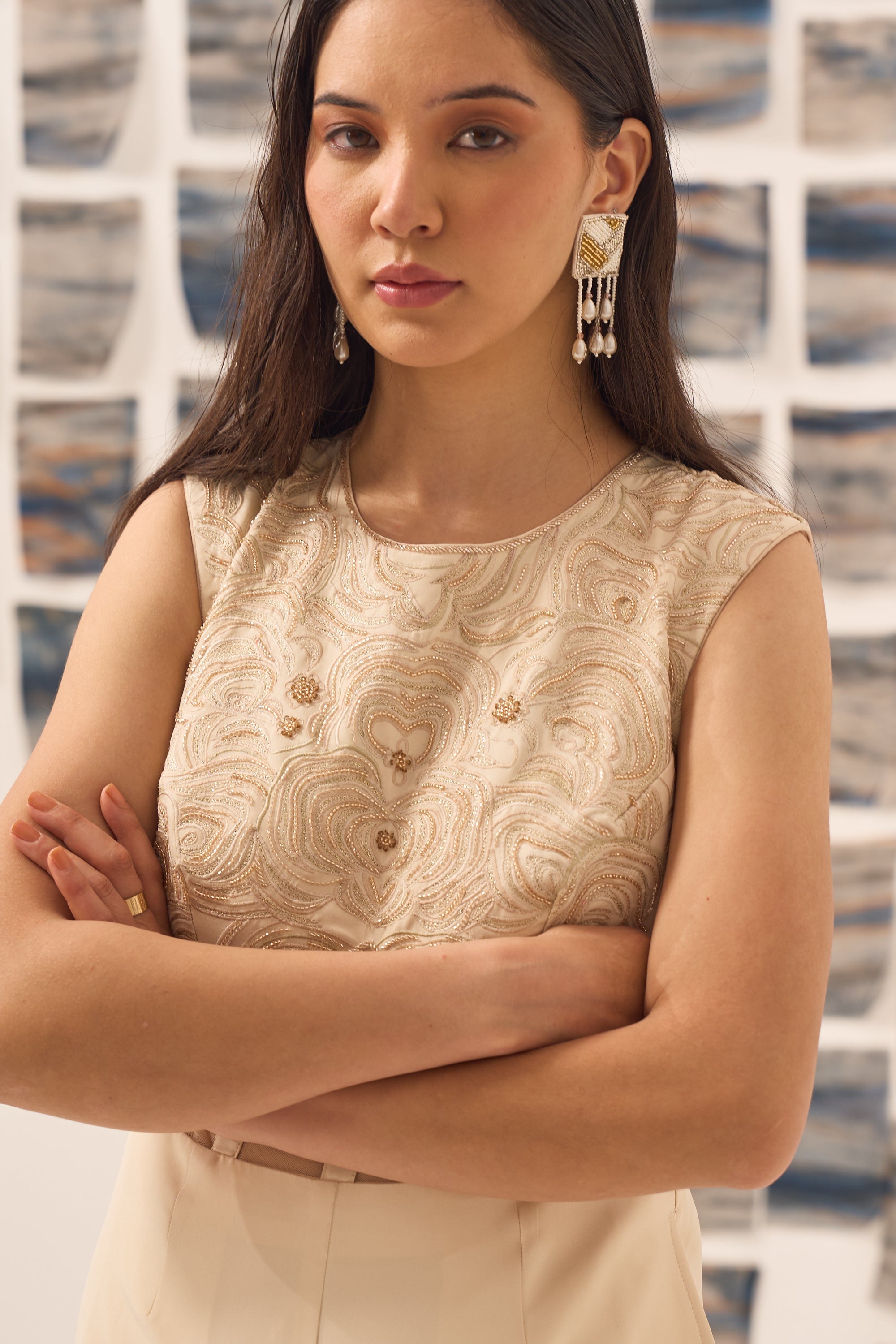 Beige Corset Embroidered Jumpsuit