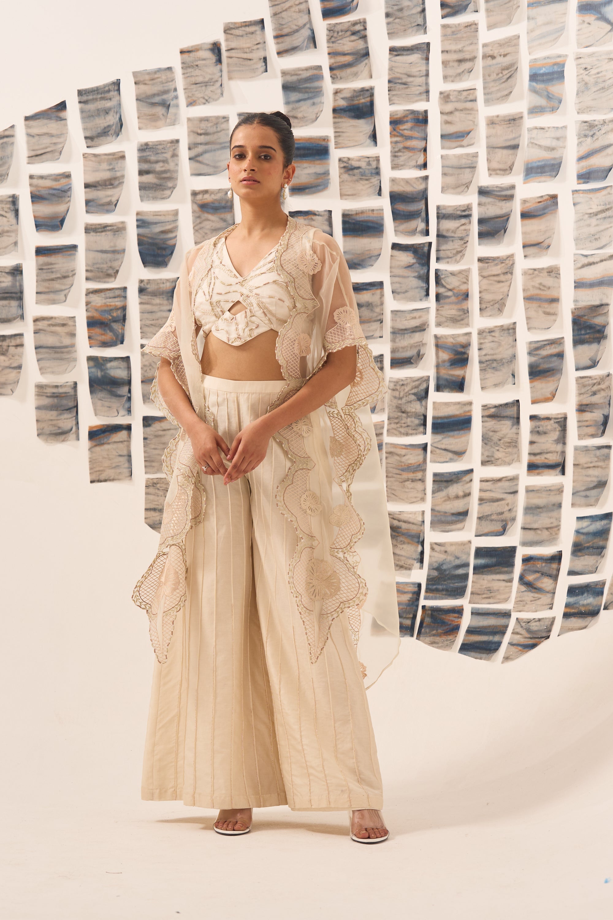 Pintuck Pants with Dori Blouse and Embroidered Cape