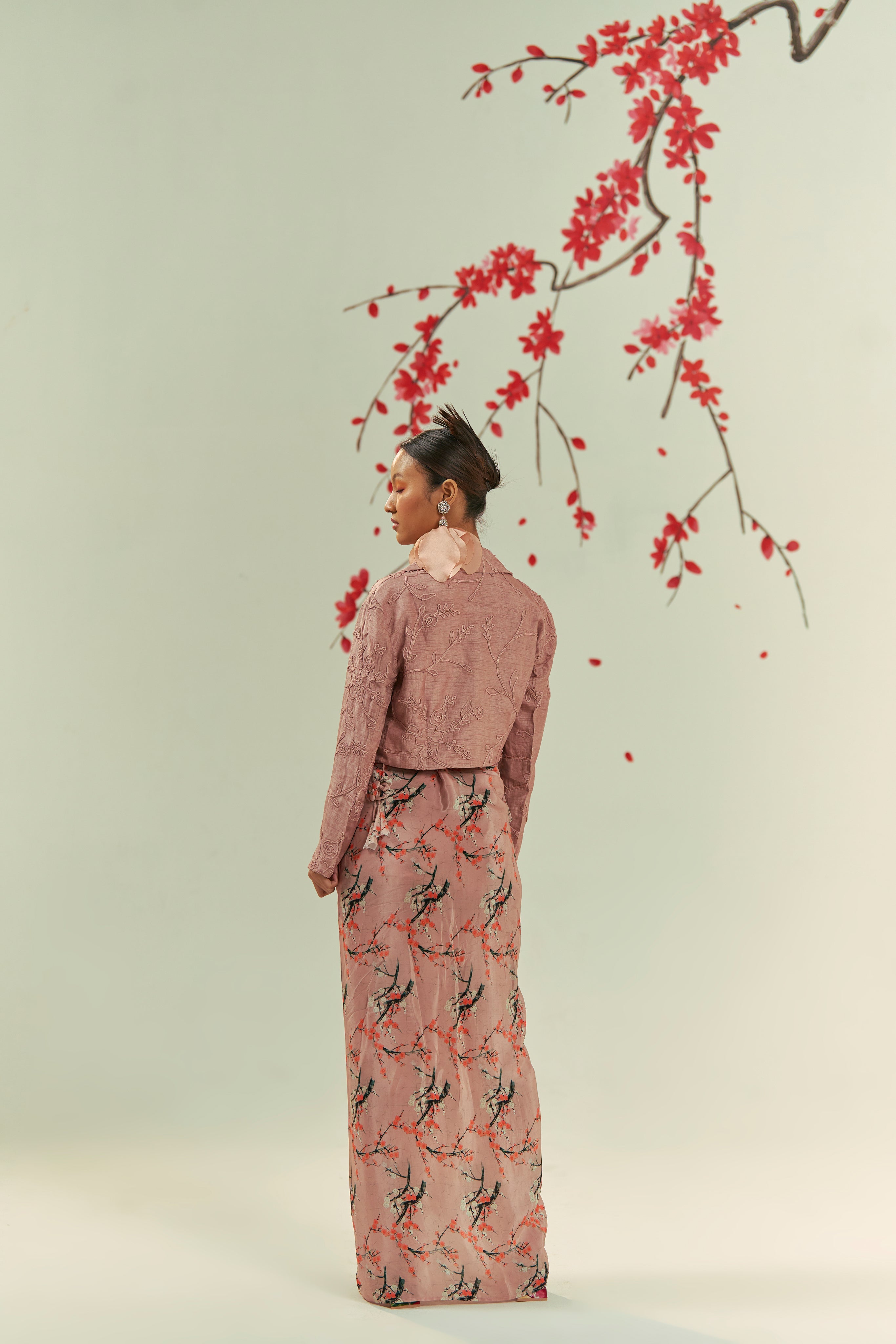 Mizu Embroidered Blazer With Printed Bustier And Skirt Co-ord Set