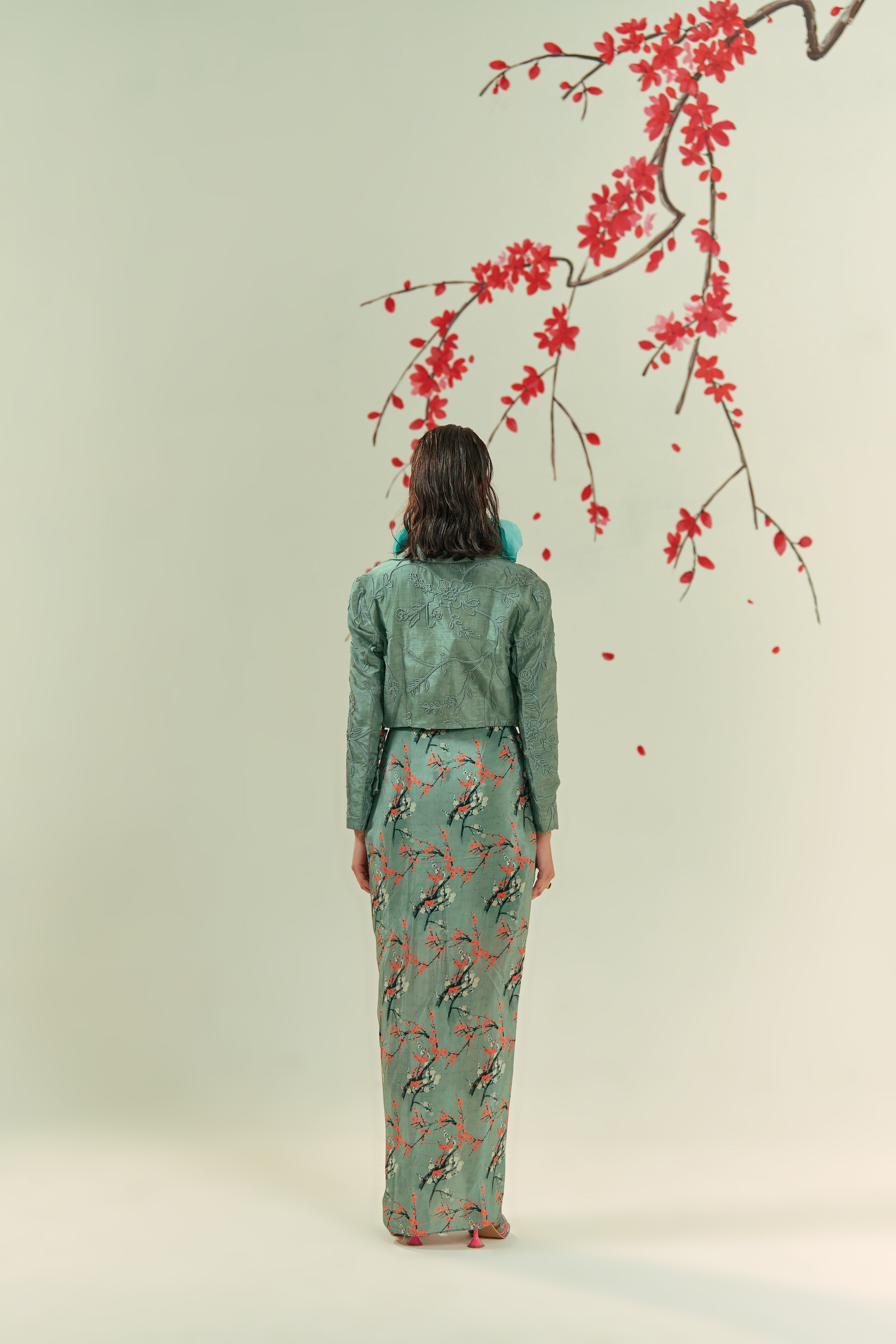 Kaze Embroidered Blazer With Printed Bustier And Skirt Co-ord Set