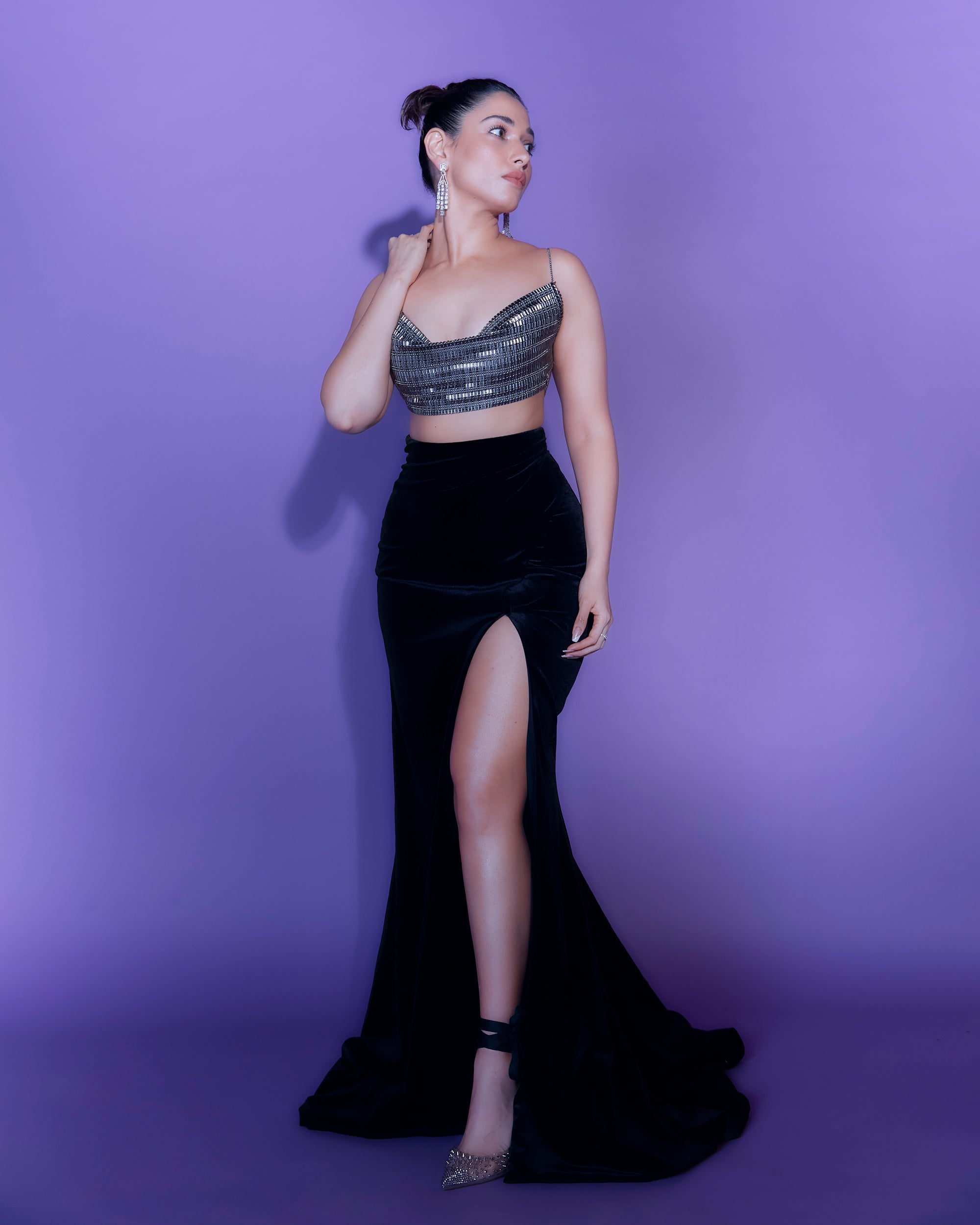 SCINTILLA COWL BRALETTE 
AND VELVET SKIRT SET