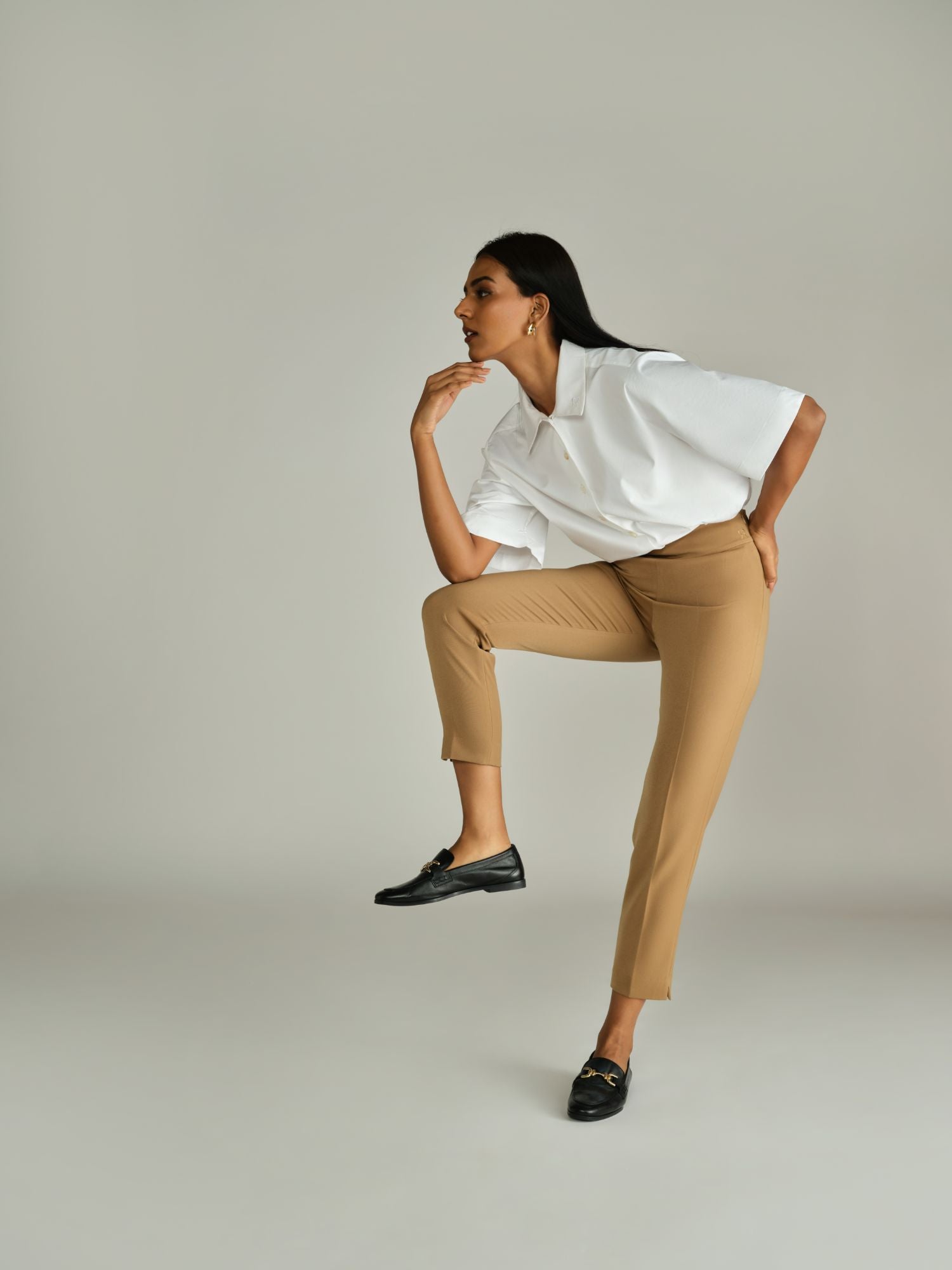 Camel Stretch Suiting Cigarette Trousers