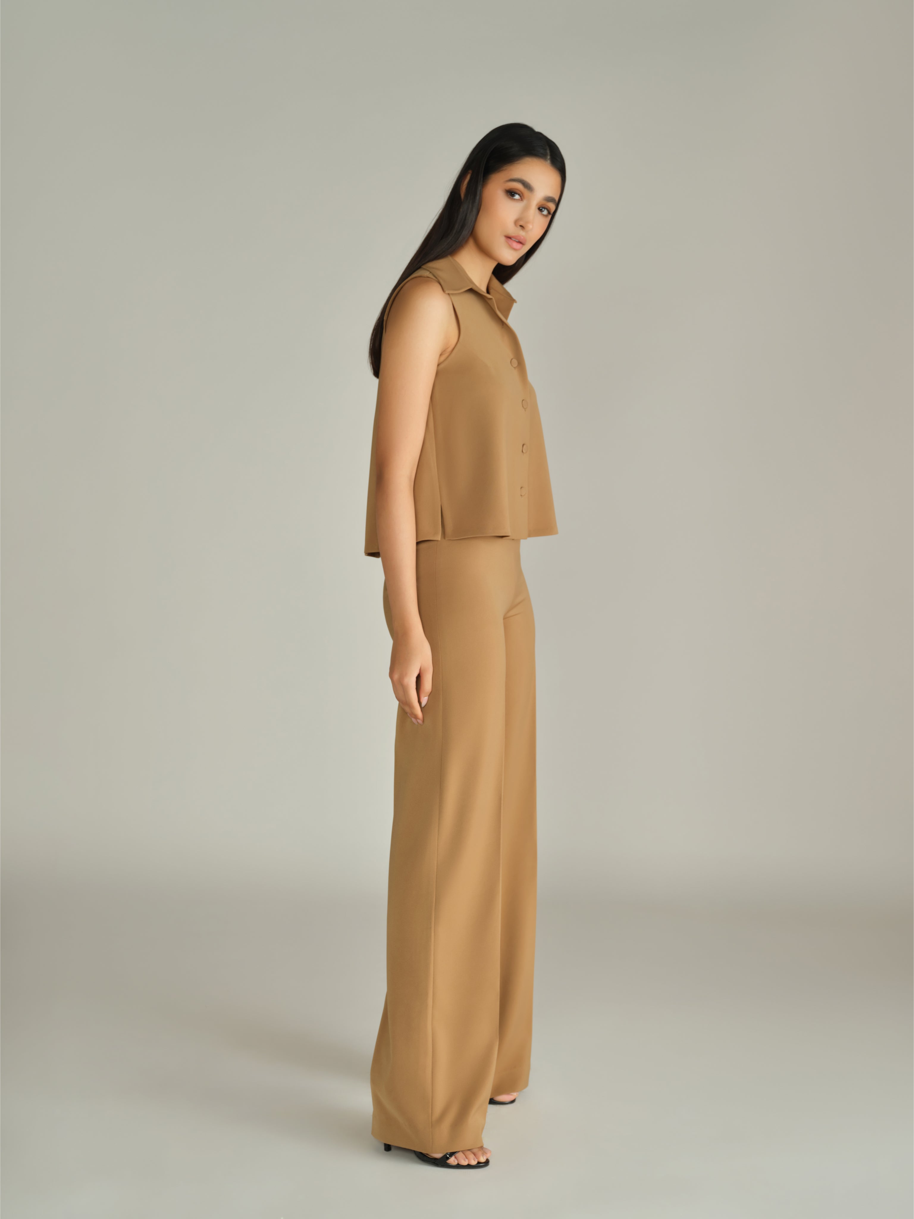 Camel Stretch Suiting Sleeveless Top