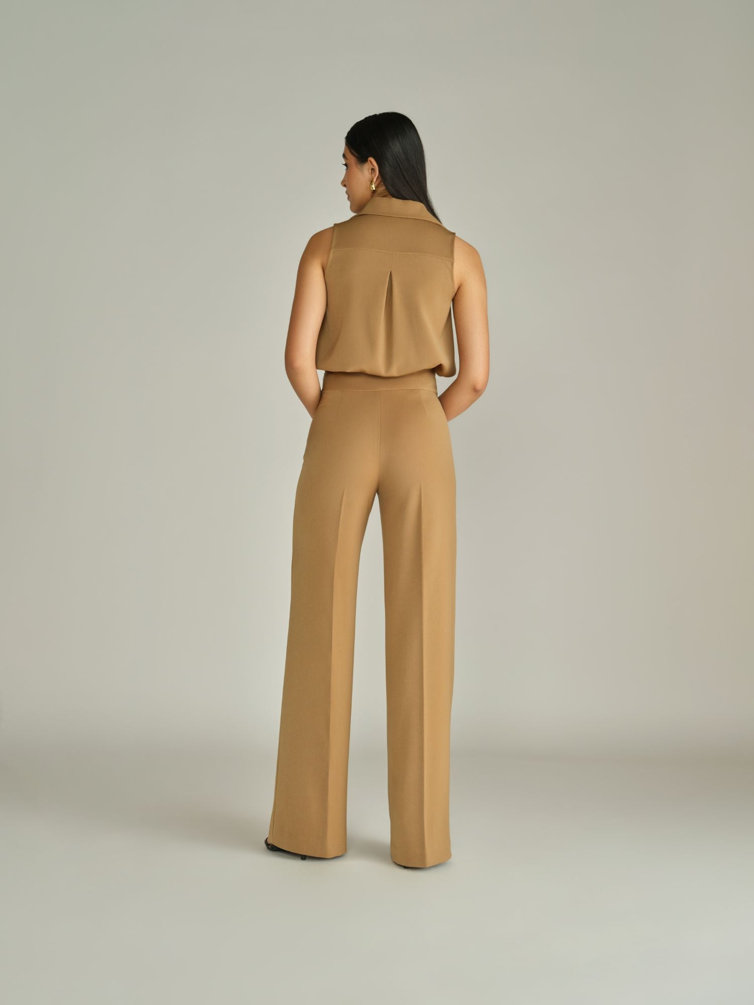 Camel Stretch Suiting Wide-Leg Trousers