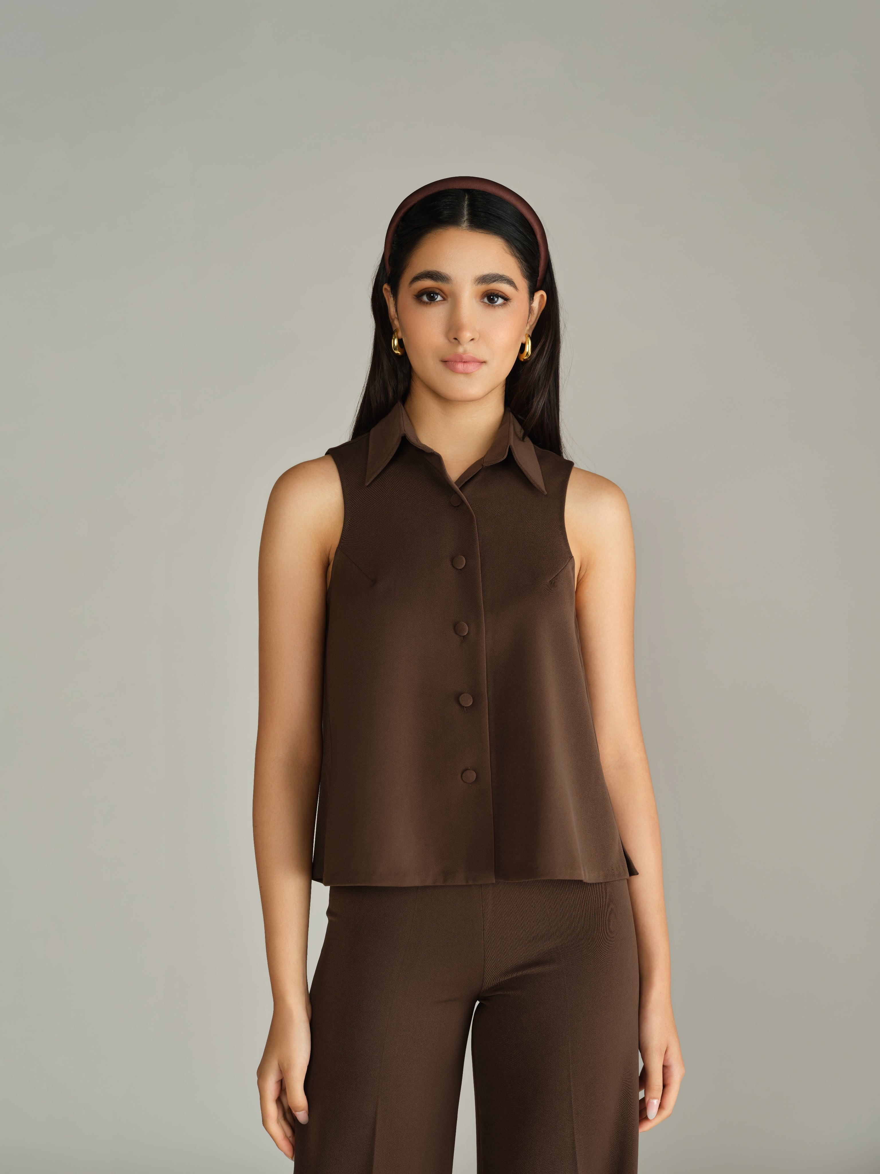 Chocolate Brown Stretch Suiting Sleeveless Top