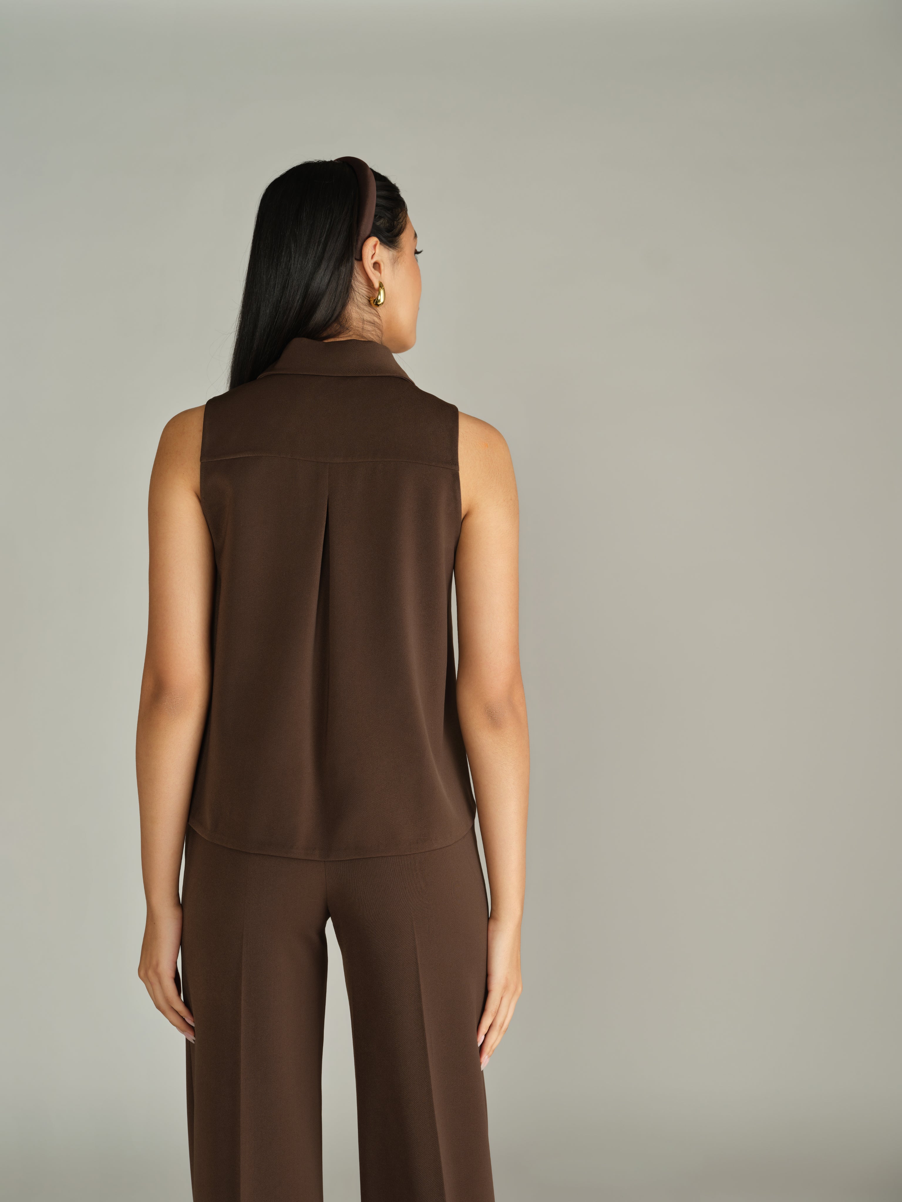 Chocolate Brown Stretch Suiting Sleeveless Top