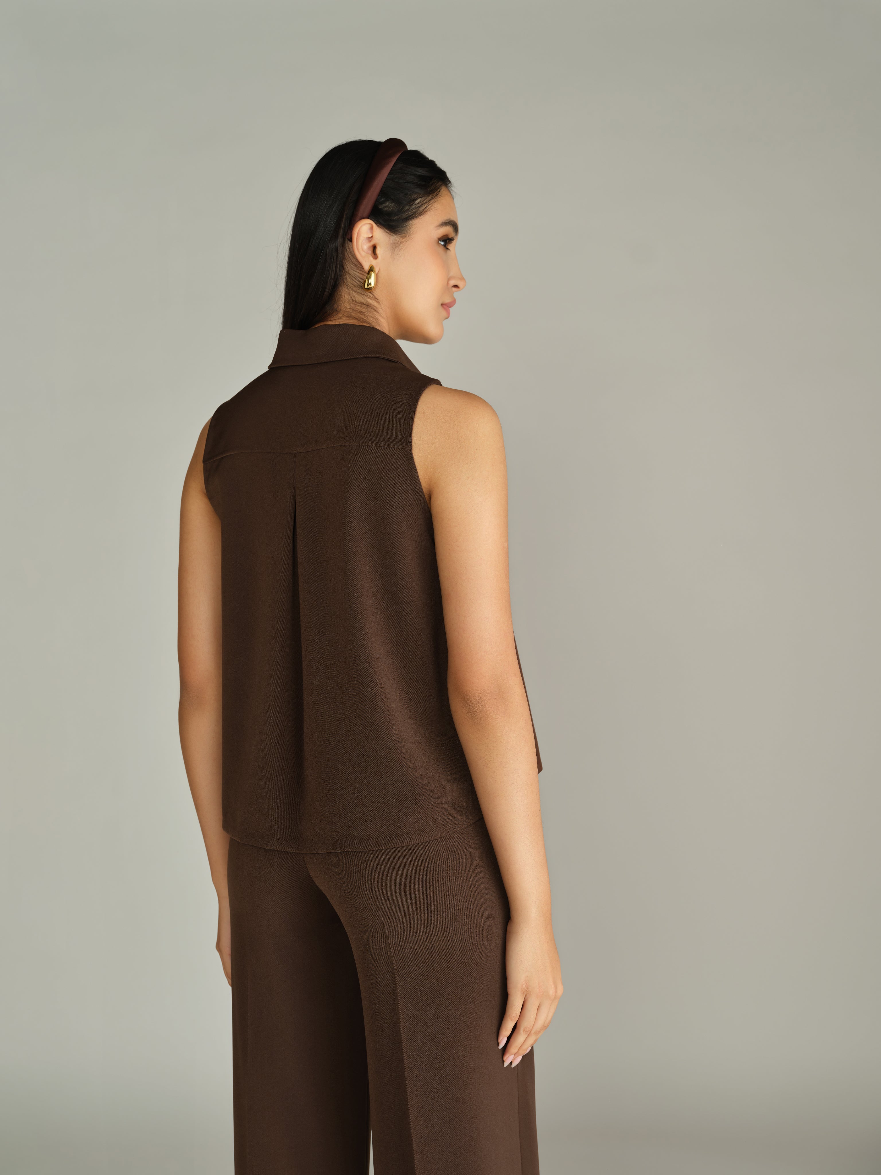 Chocolate Brown Stretch Suiting Sleeveless Top