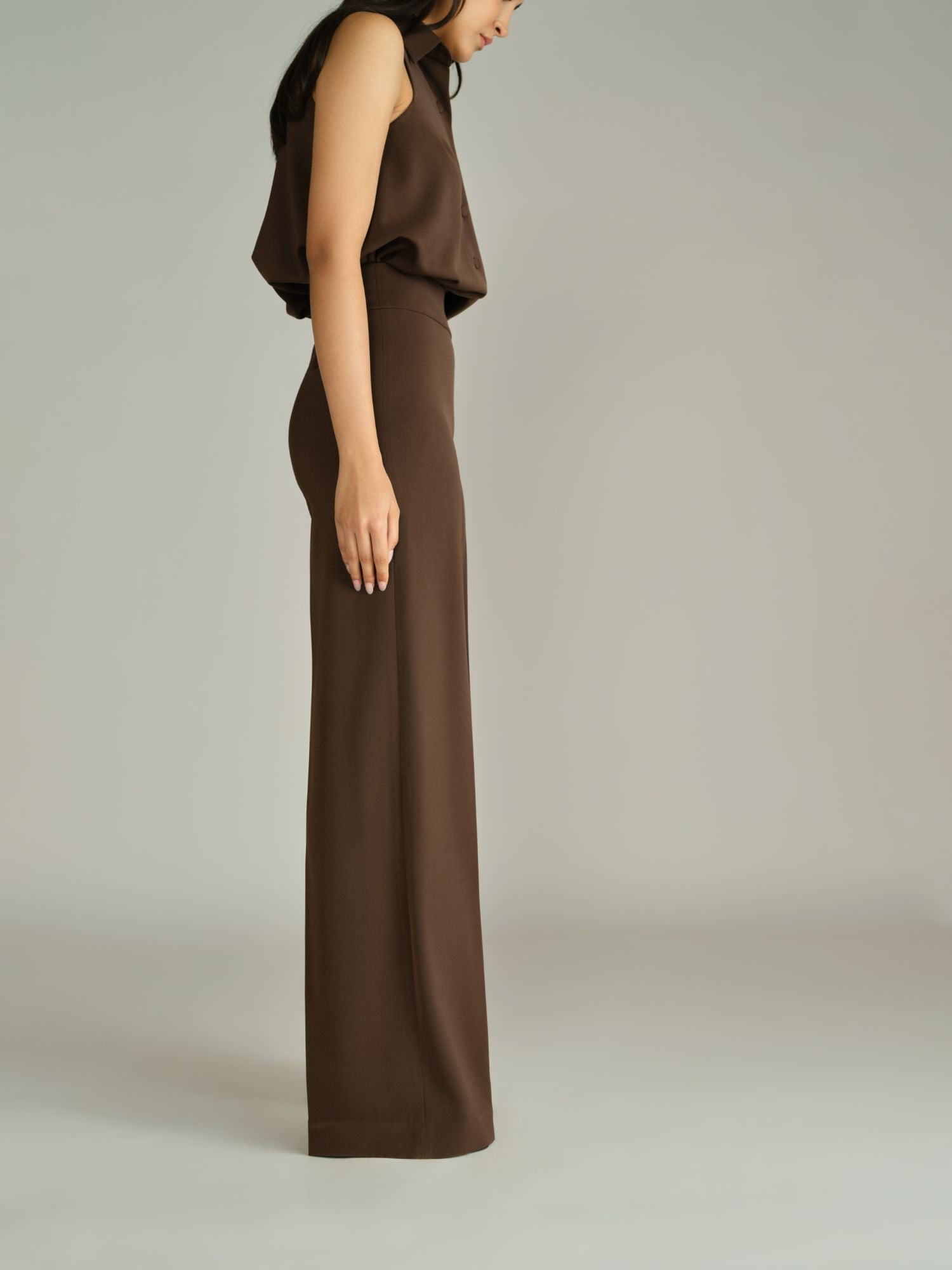 Chocolate Brown Stretch Suiting Wide-Leg Trousers