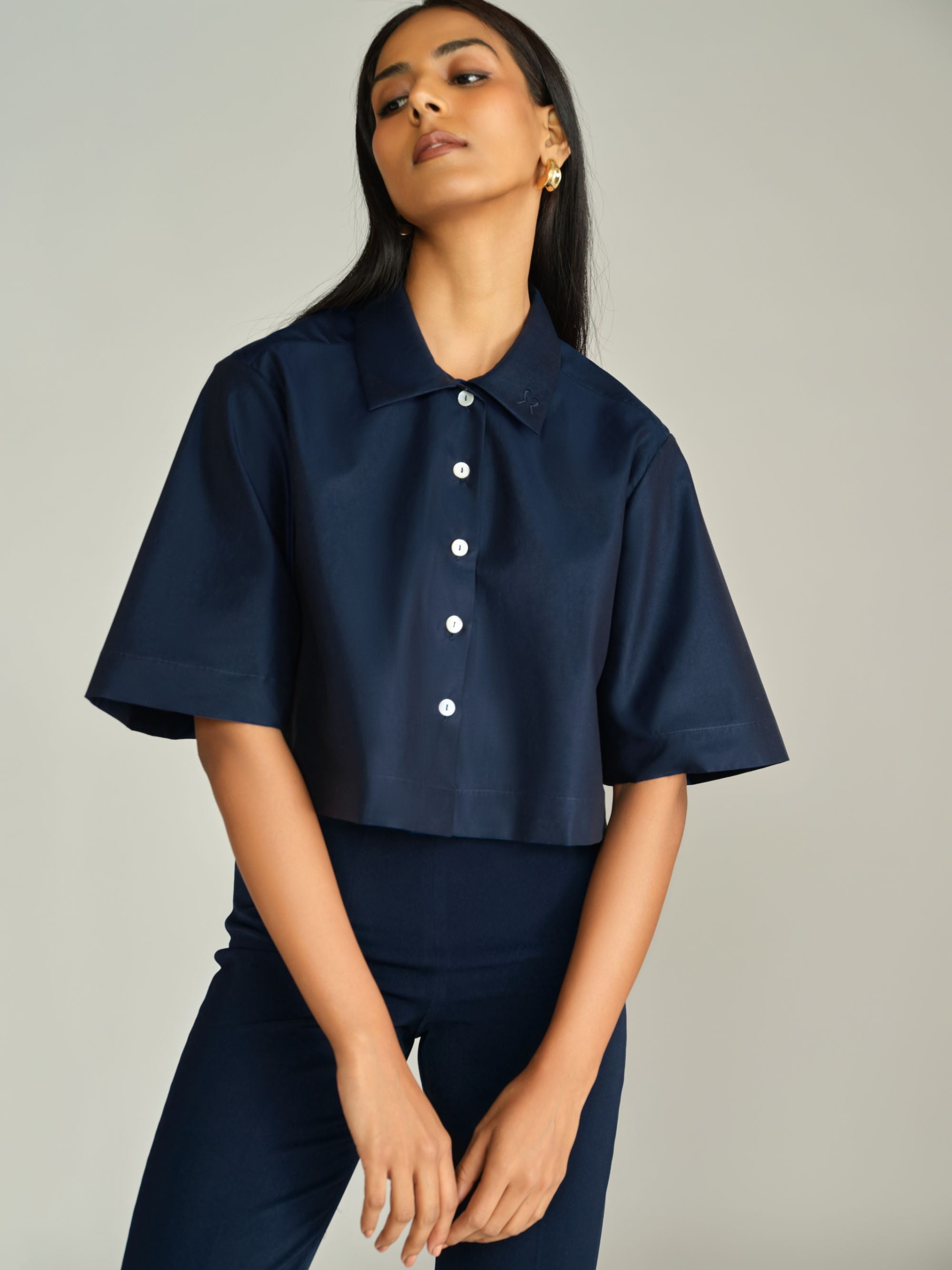 Navy Blue Egyptian Cotton Cropped Bowling Shirt