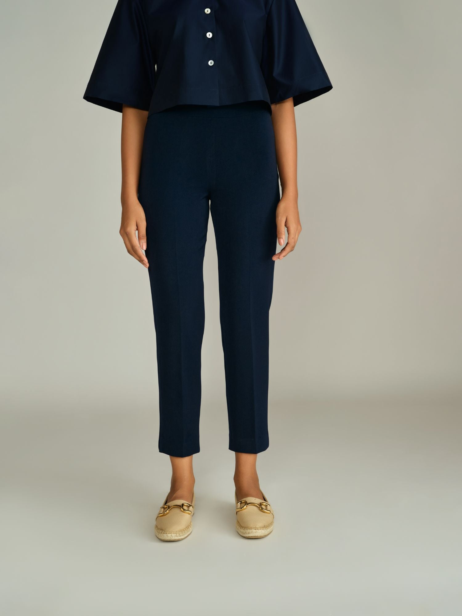 Navy Blue Stretch Suiting Cigarette Trousers