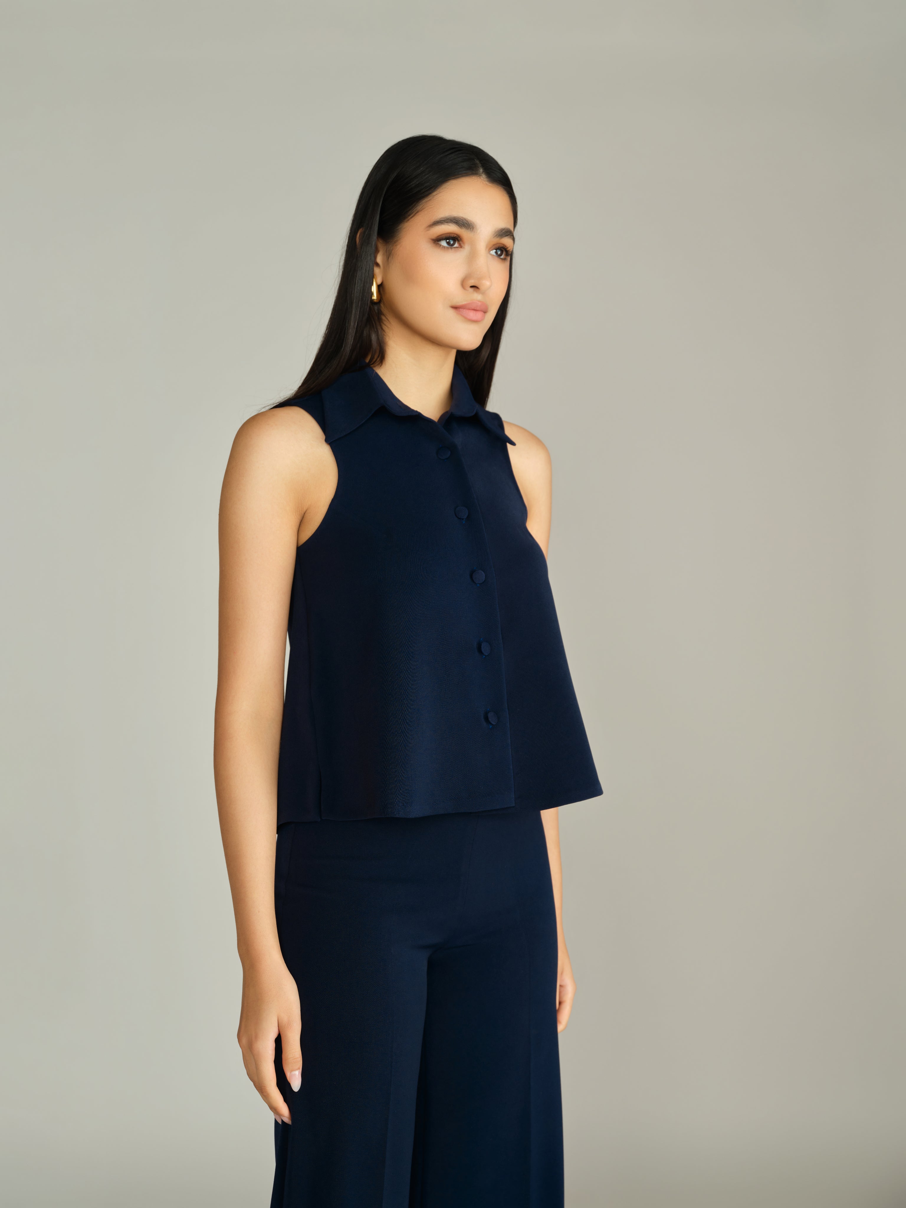 Navy Blue Stretch Suiting Sleeveless Top