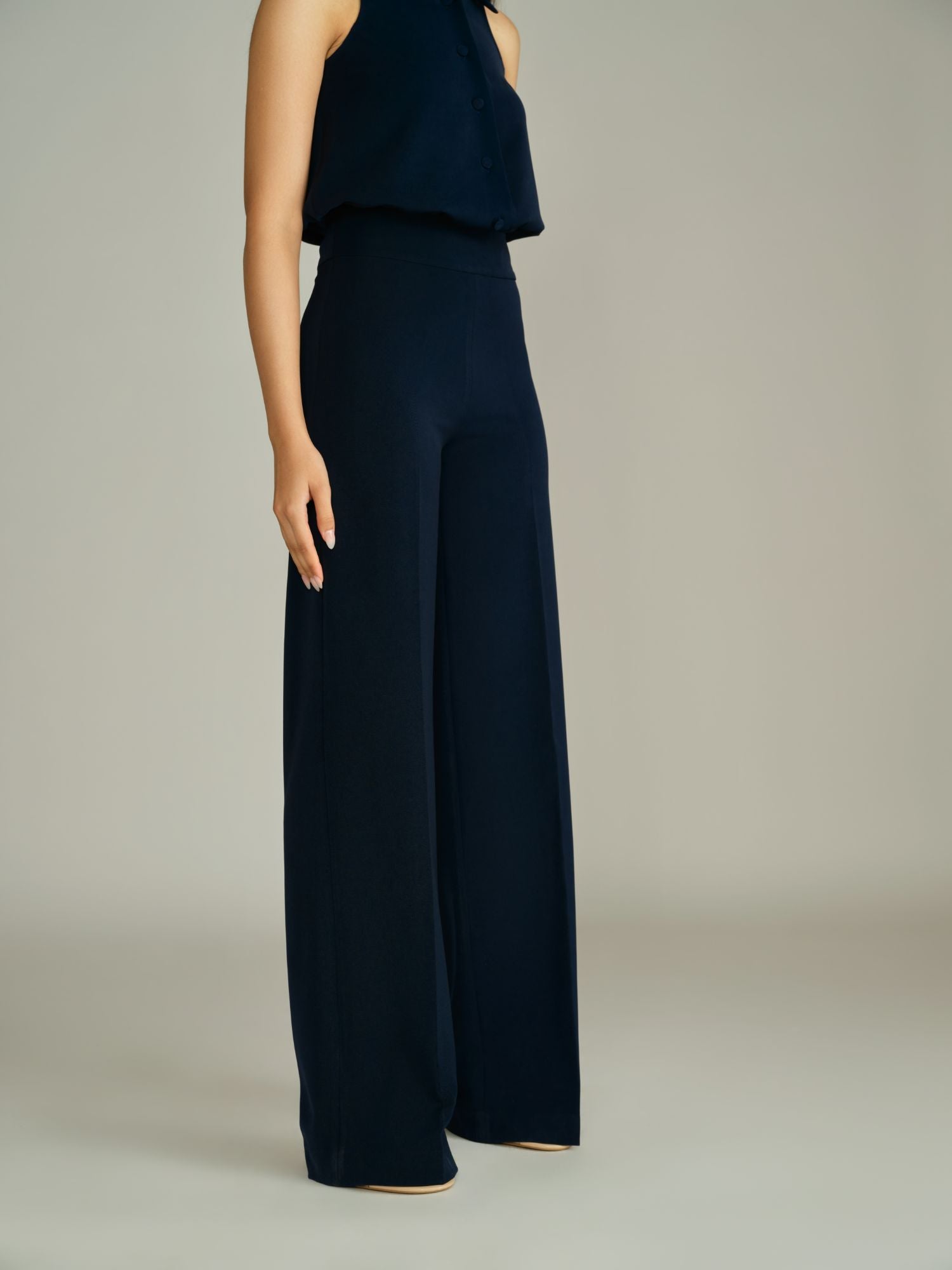 Navy Blue Stretch Suiting Wide-Leg Trousers