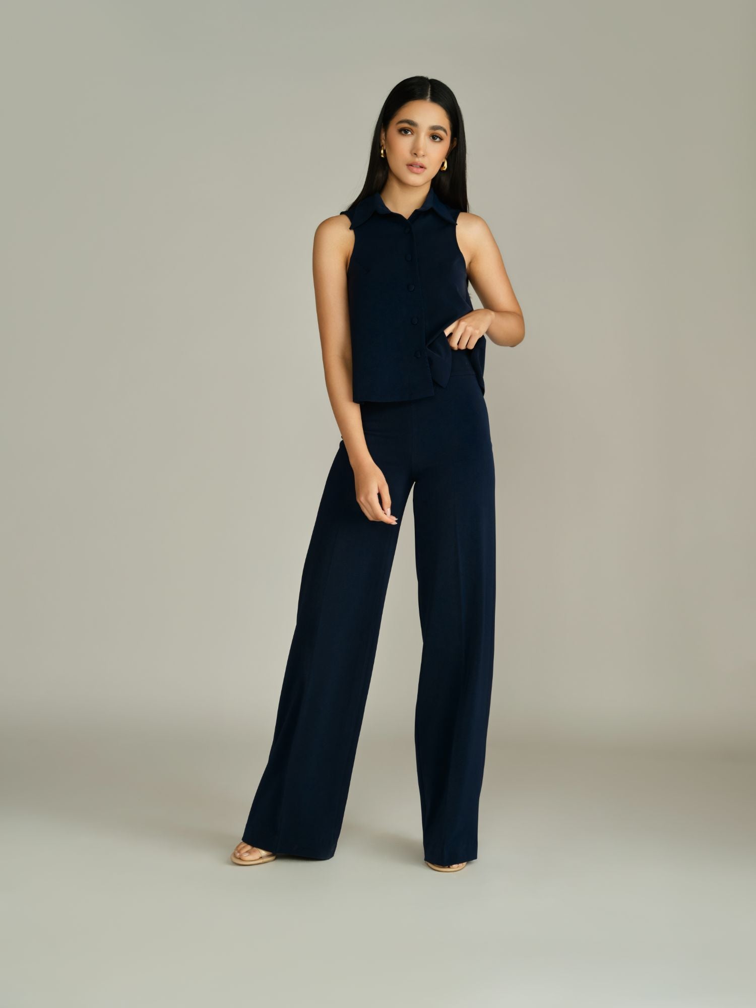 Navy Blue Stretch Suiting Wide-Leg Trousers