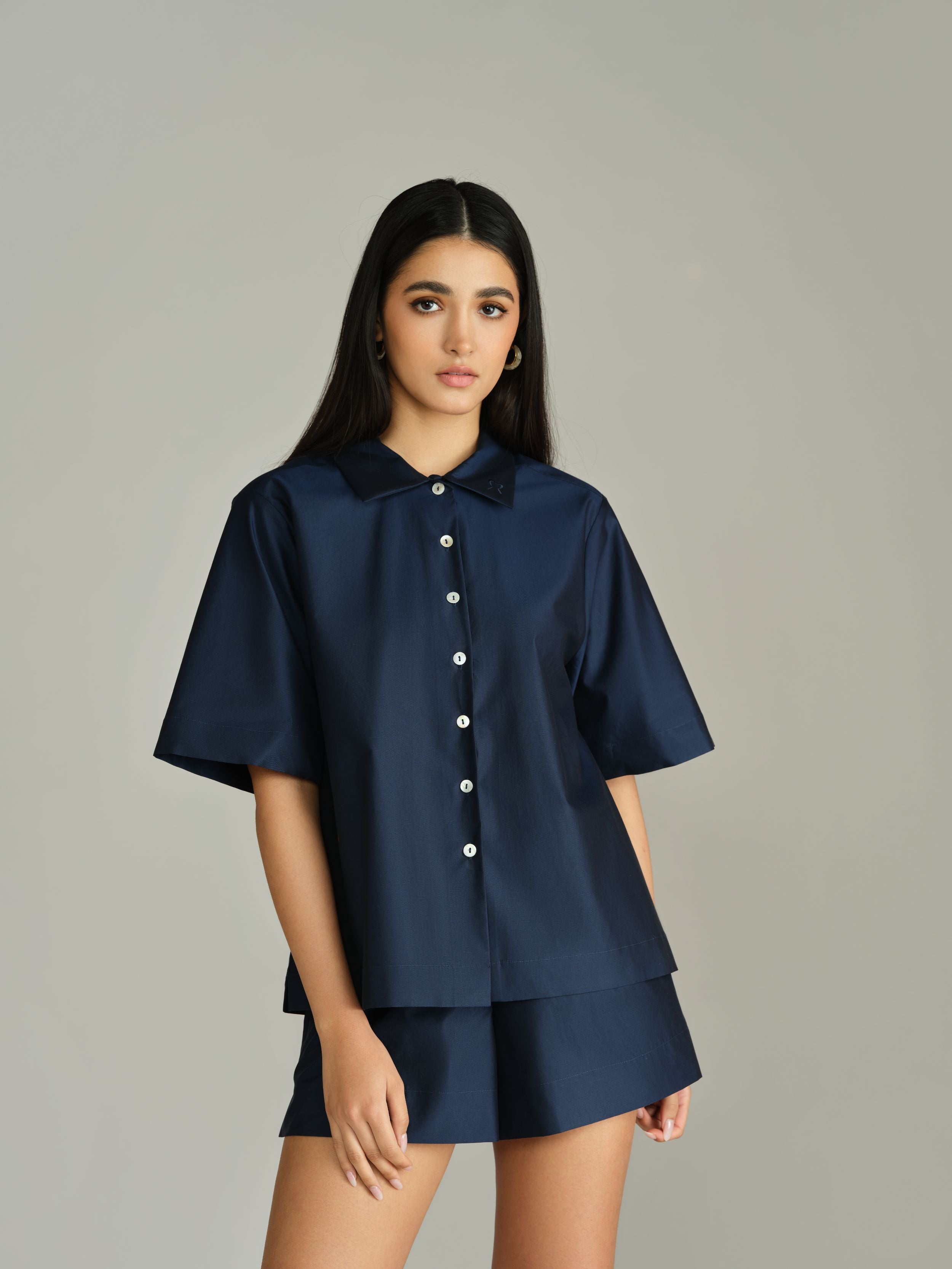 Navy Blue Egyptian Cotton Bowling Shirt