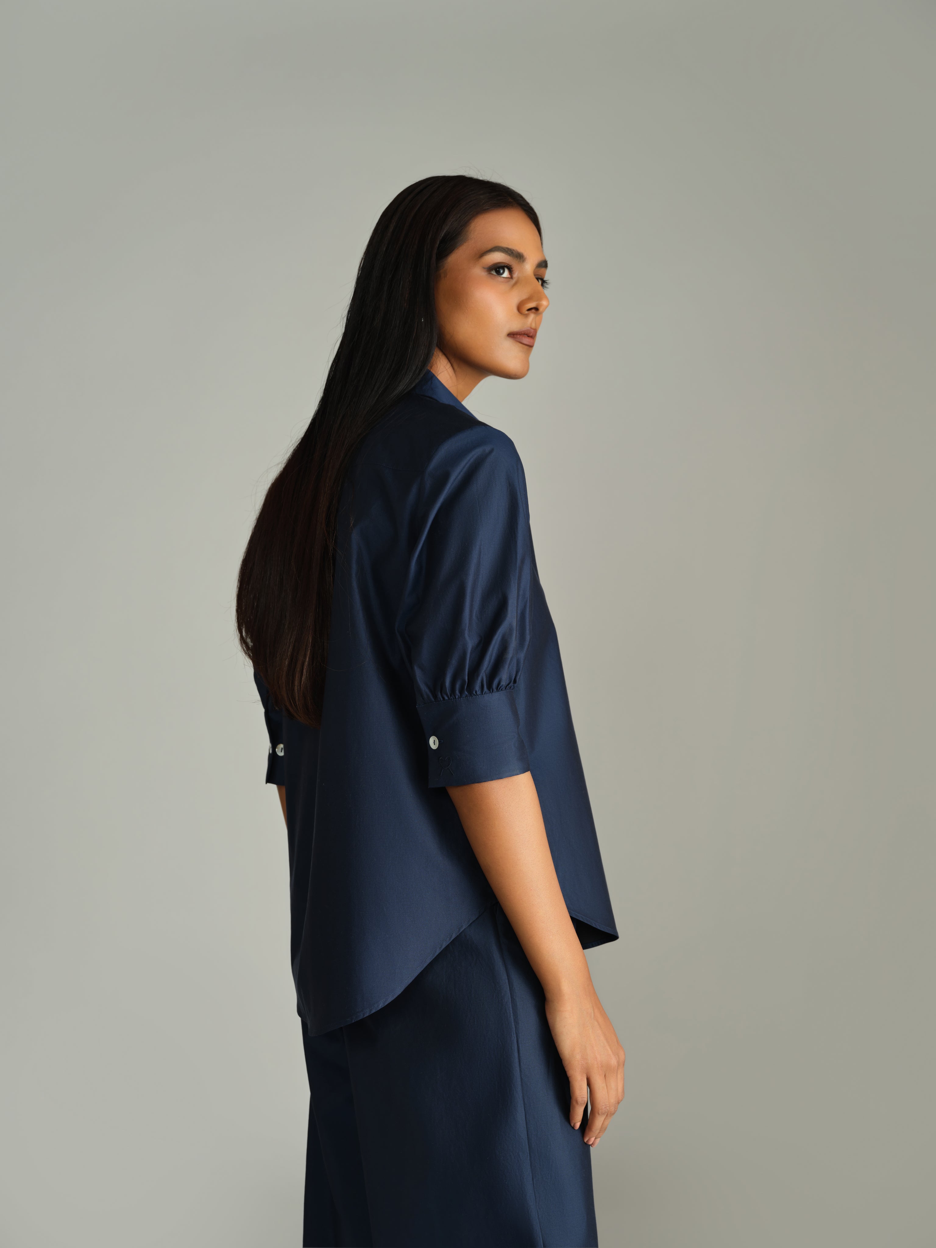 Navy Blue Egyptian Cotton Short-Sleeved Shirt