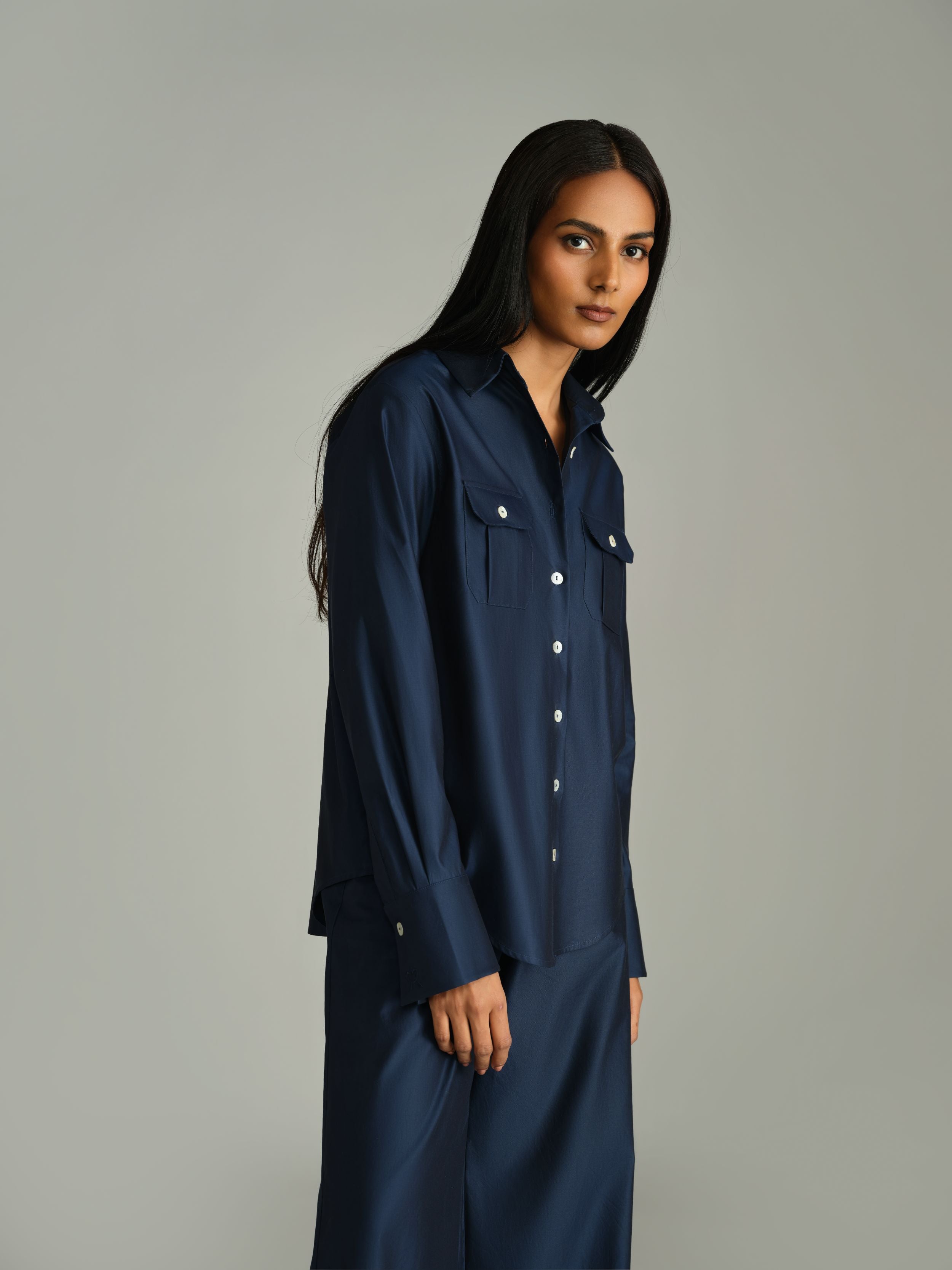 Navy Blue Egyptian Cotton Oversized Long-Sleeved Shirt