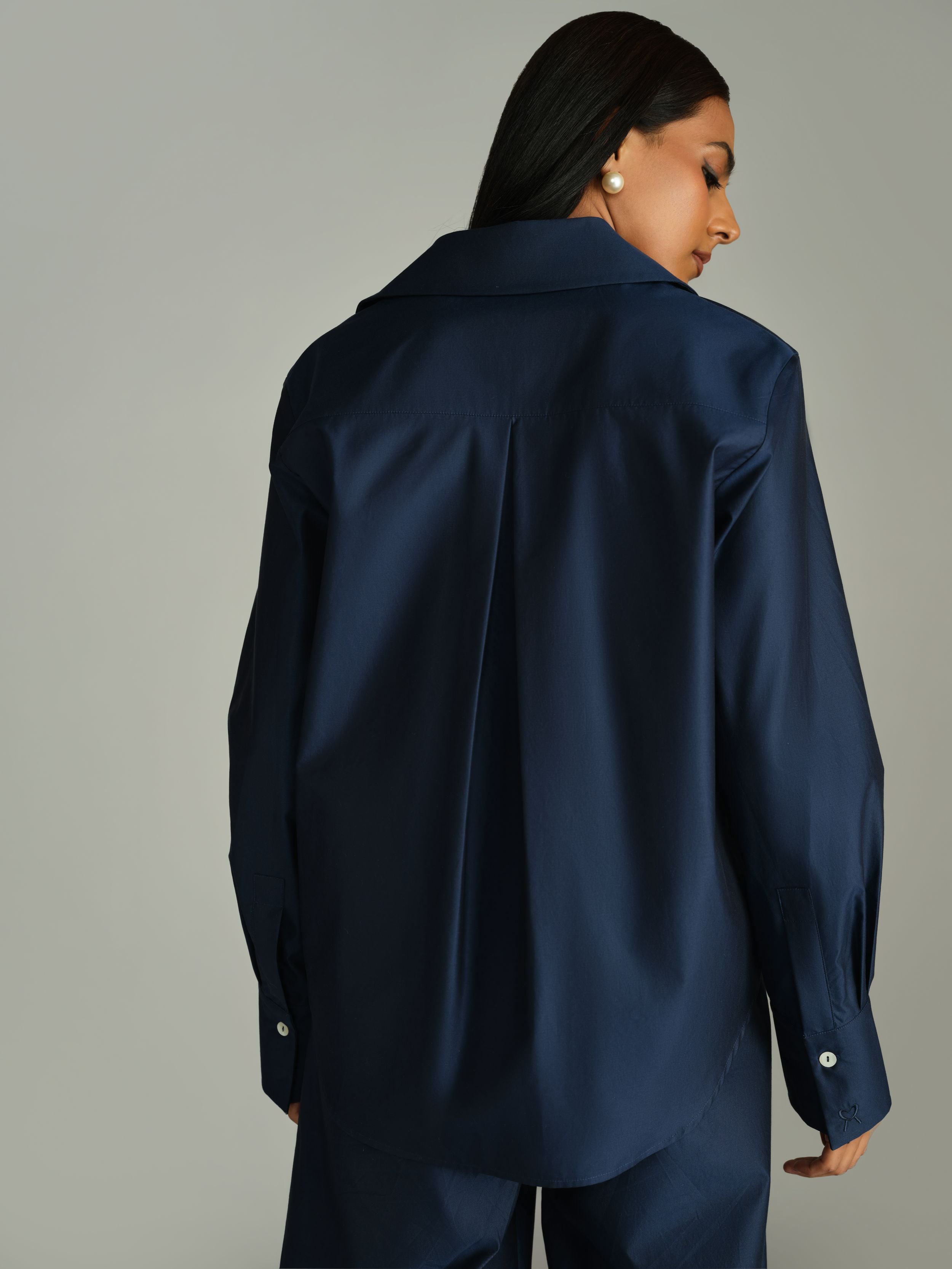 Navy Blue Egyptian Cotton Oversized Long-Sleeved Shirt