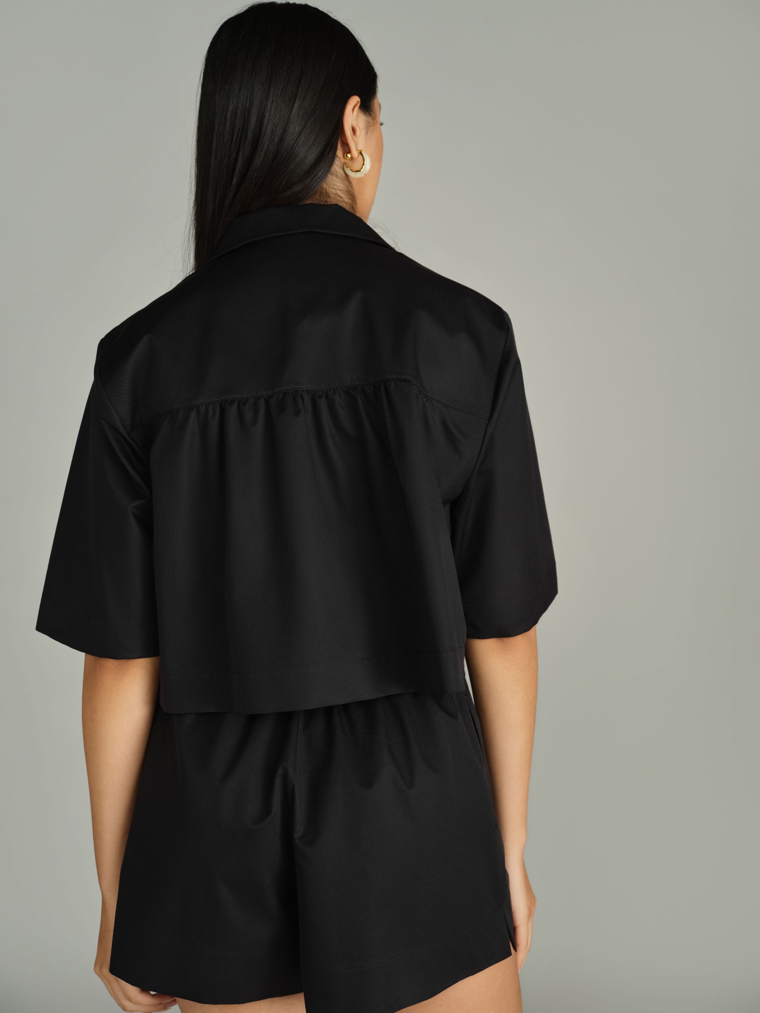 Black Egyptian Cotton Cropped Bowling Shirt